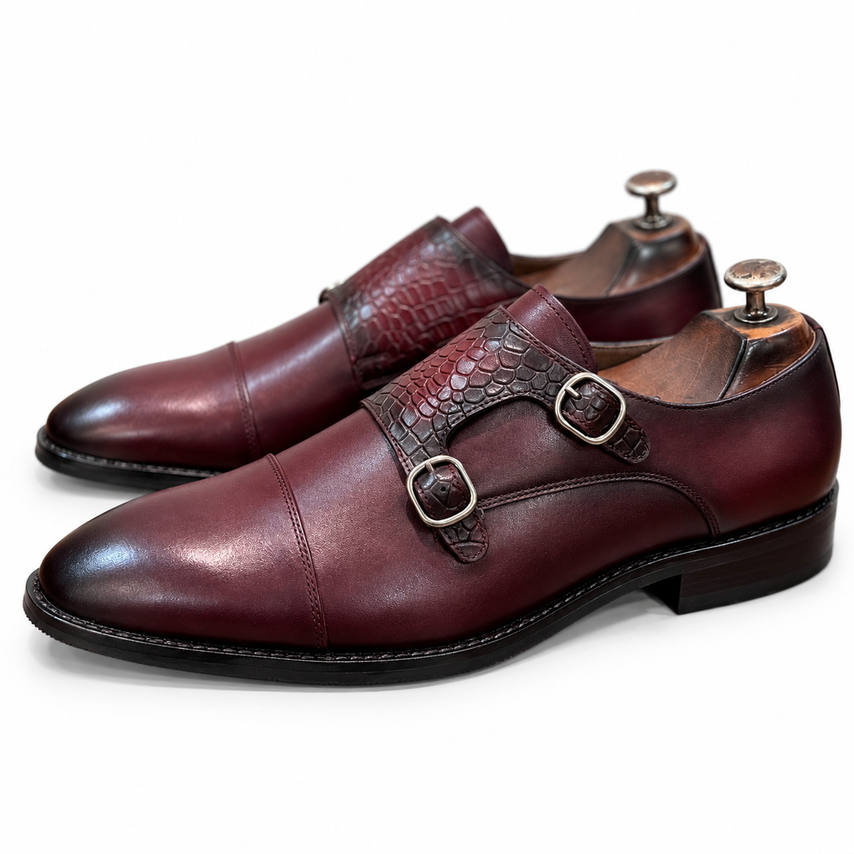 Bordeaux Twin-Texture Double Monk Shoes