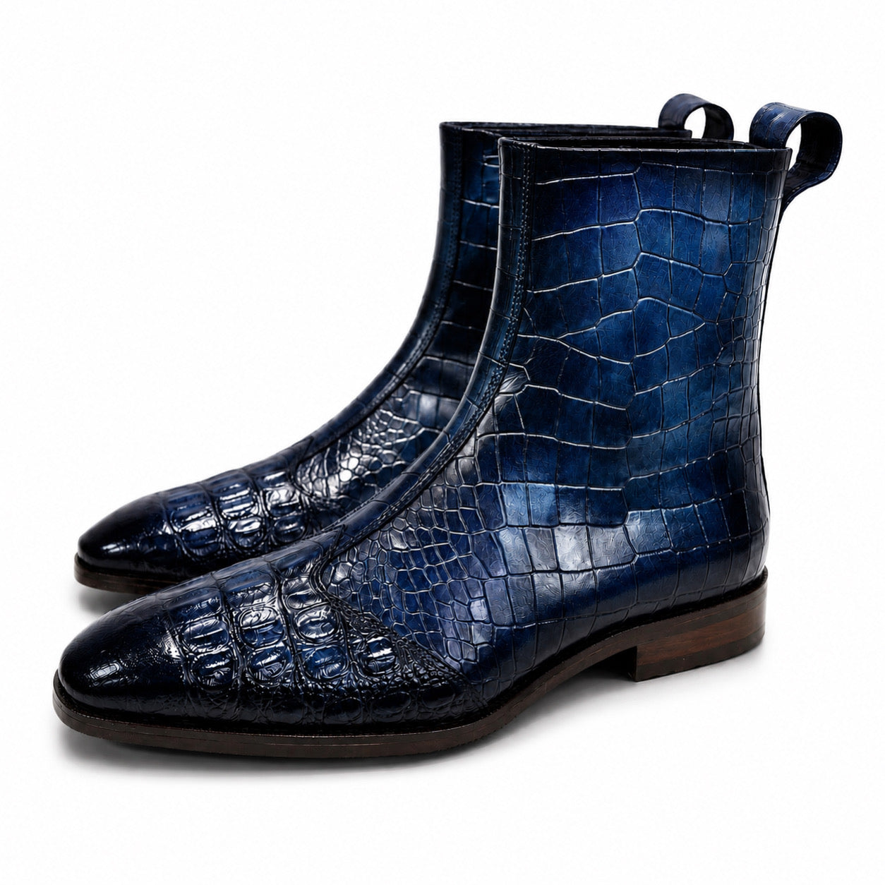Midnight Navy Croc-Embossed Leather Chelsea Boots
