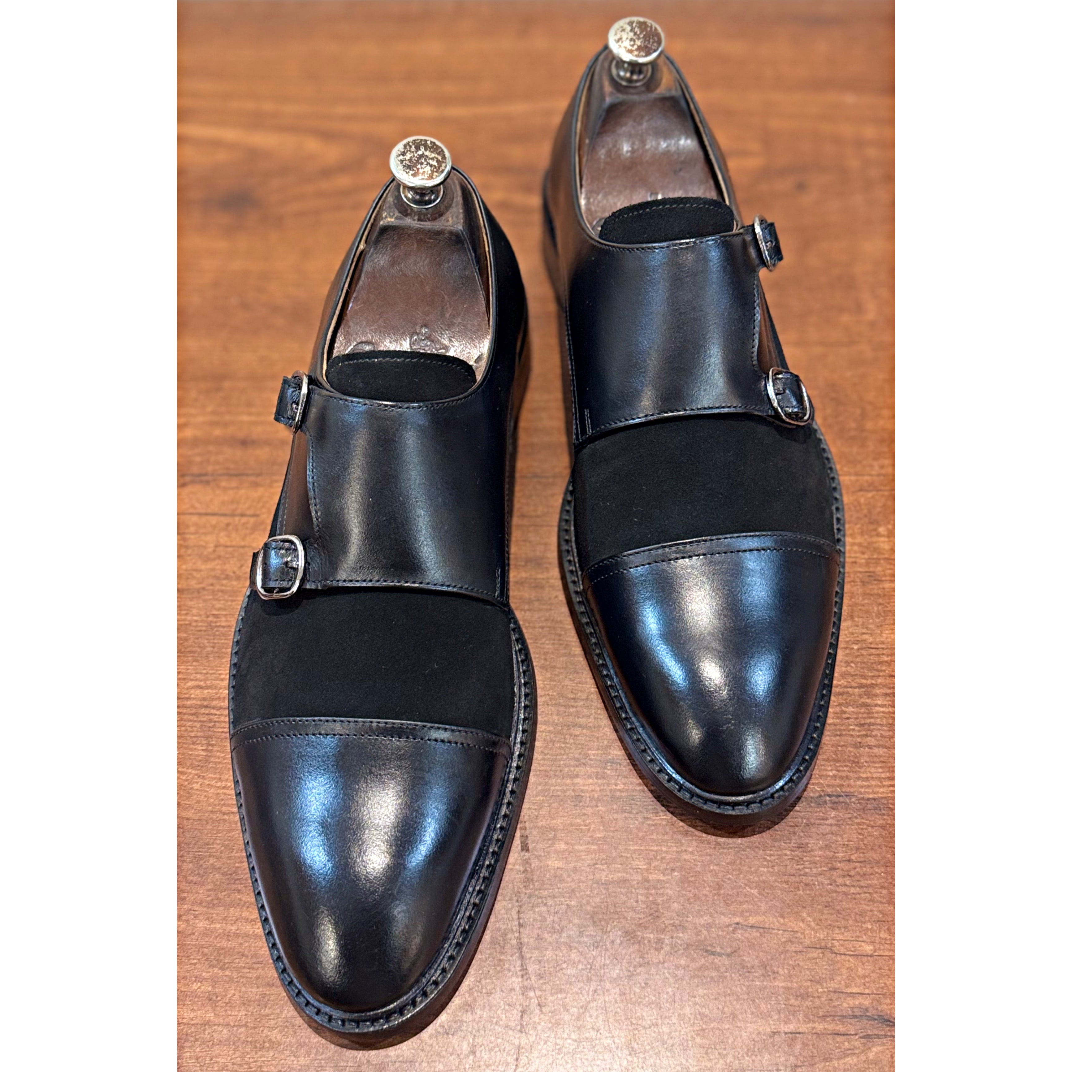 Double Monk Strap Black Suede & Leather