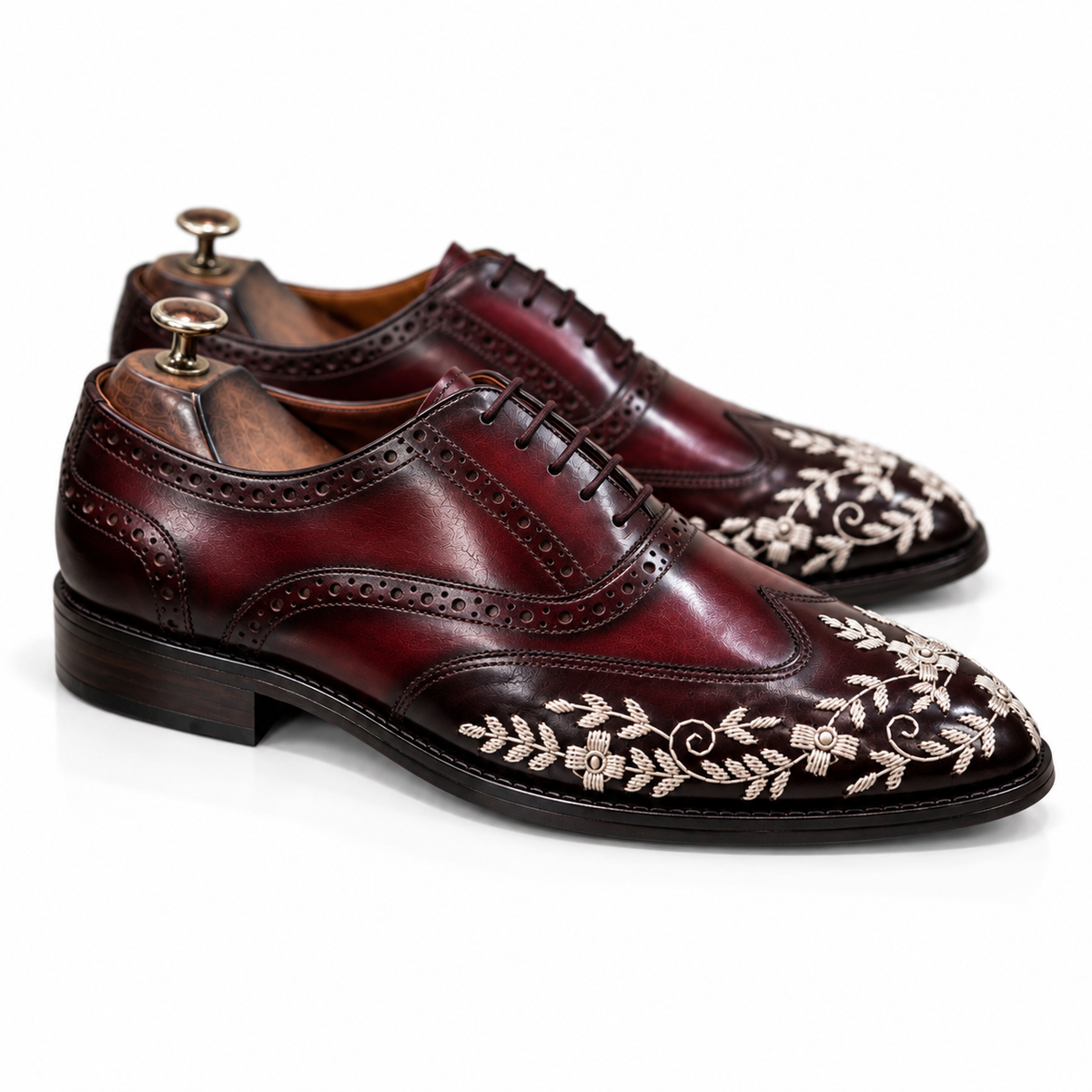 Velour Noir — Burgundy Embroidered Wingtip Oxford