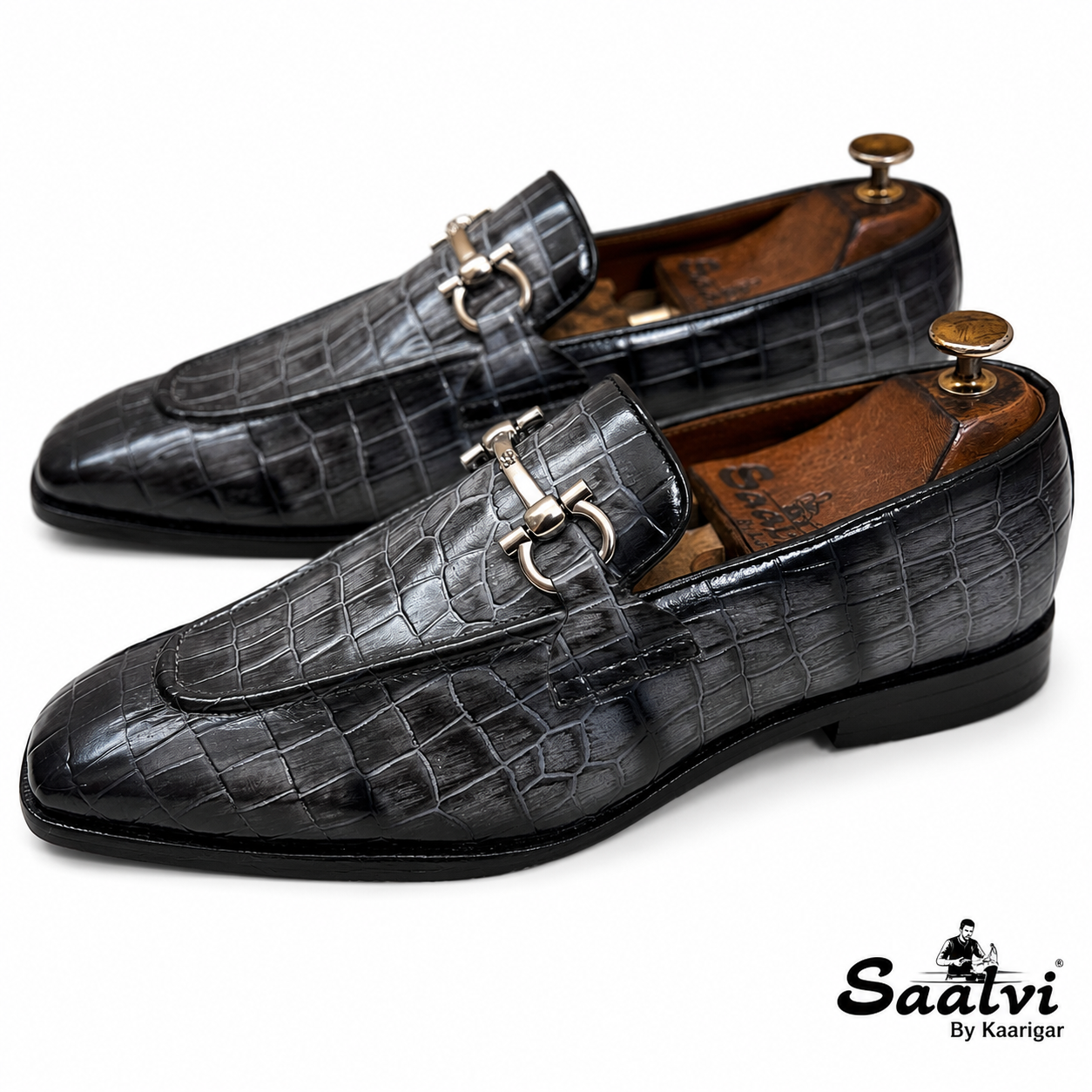 Grey Croco Loafers With Buckle