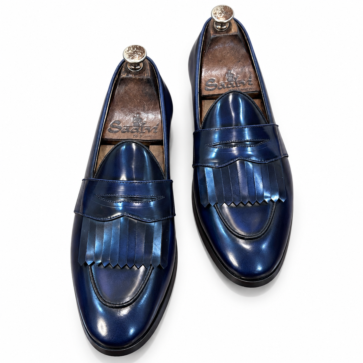 Blue Belgian Loafers for Men – Leather Fringe Slip-On Formal Shoes