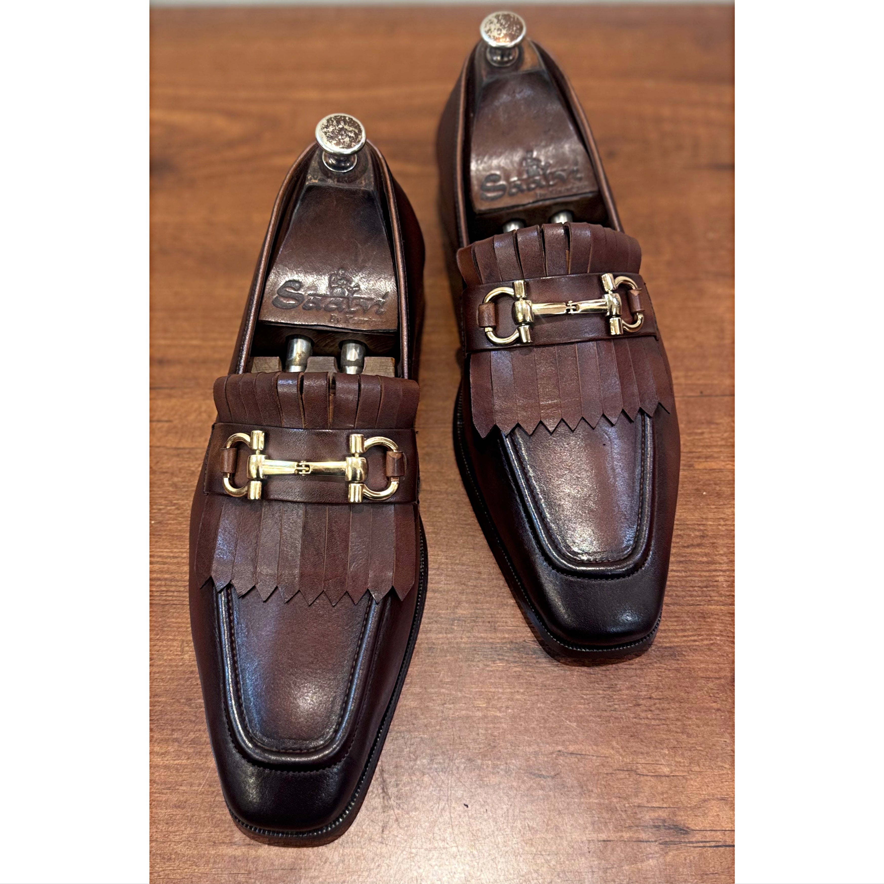 Brown Fringe Loafers Hand Patina