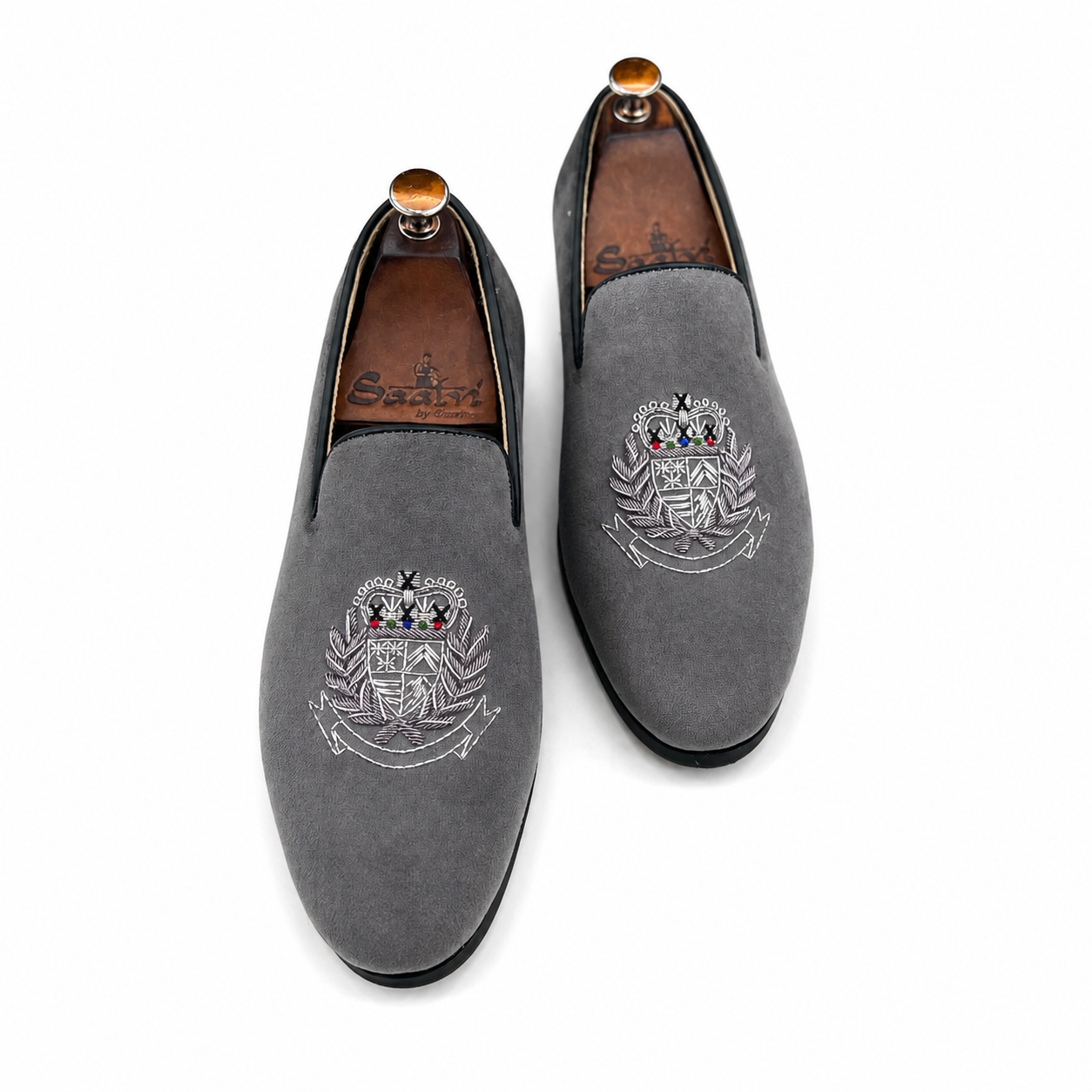 REGAL CREST GREY LEATHER EMBROIDERED LOAFERS