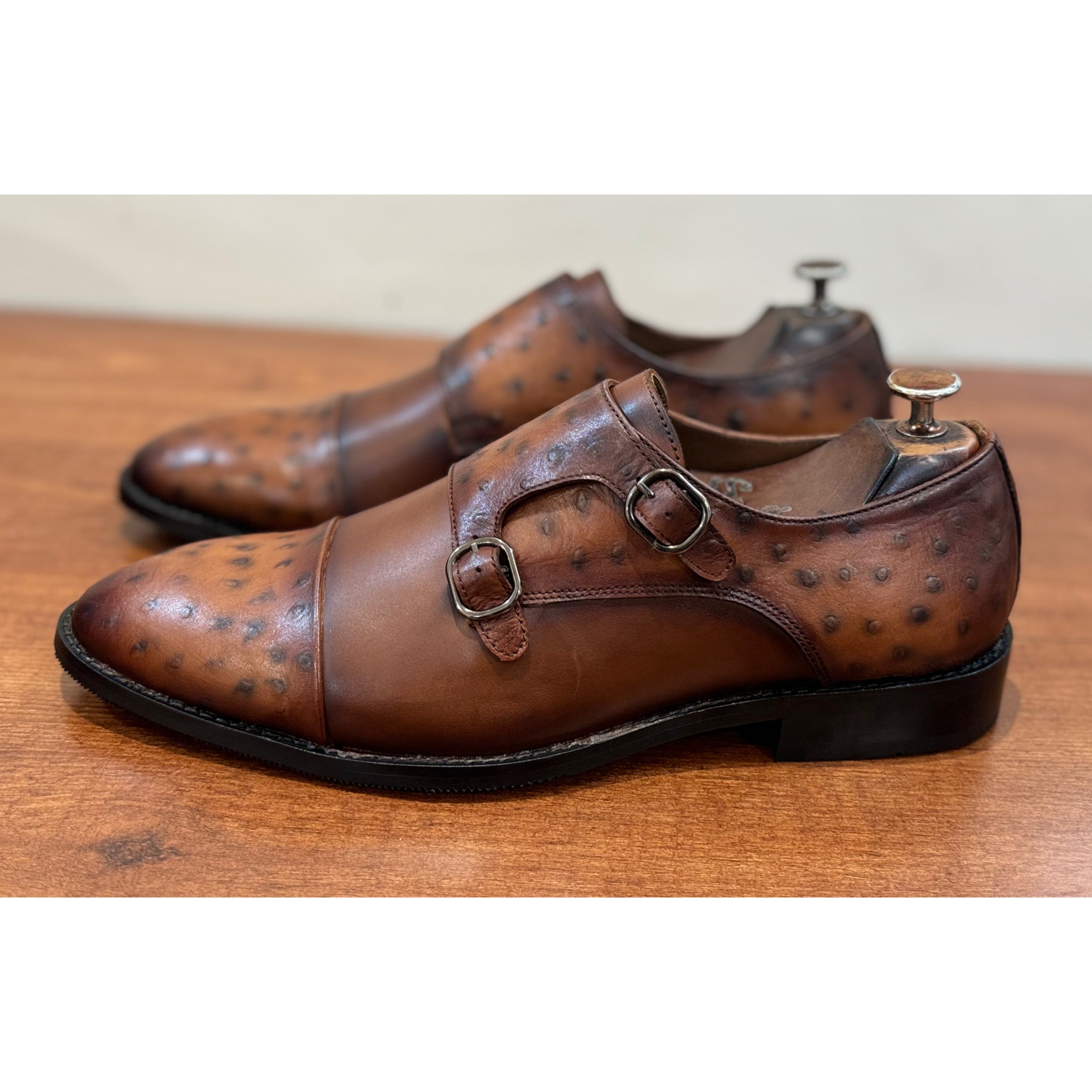 Tan Double Monk Strap Ostrich