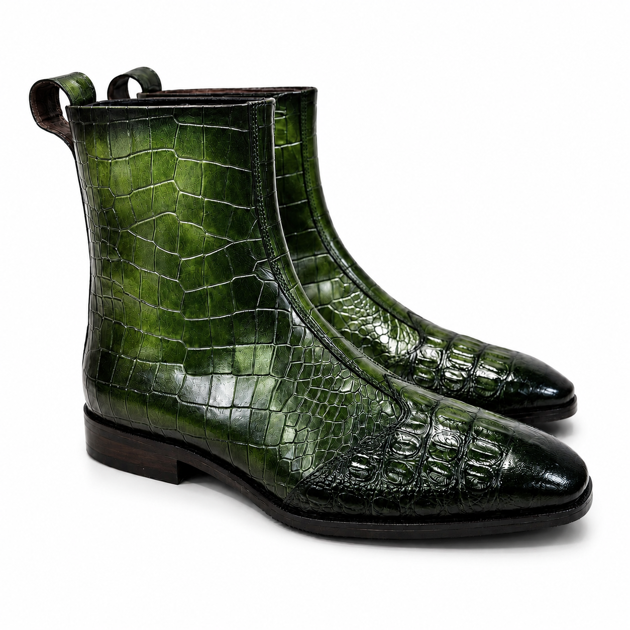 Forest Green Croc-Embossed Leather Chelsea Boots
