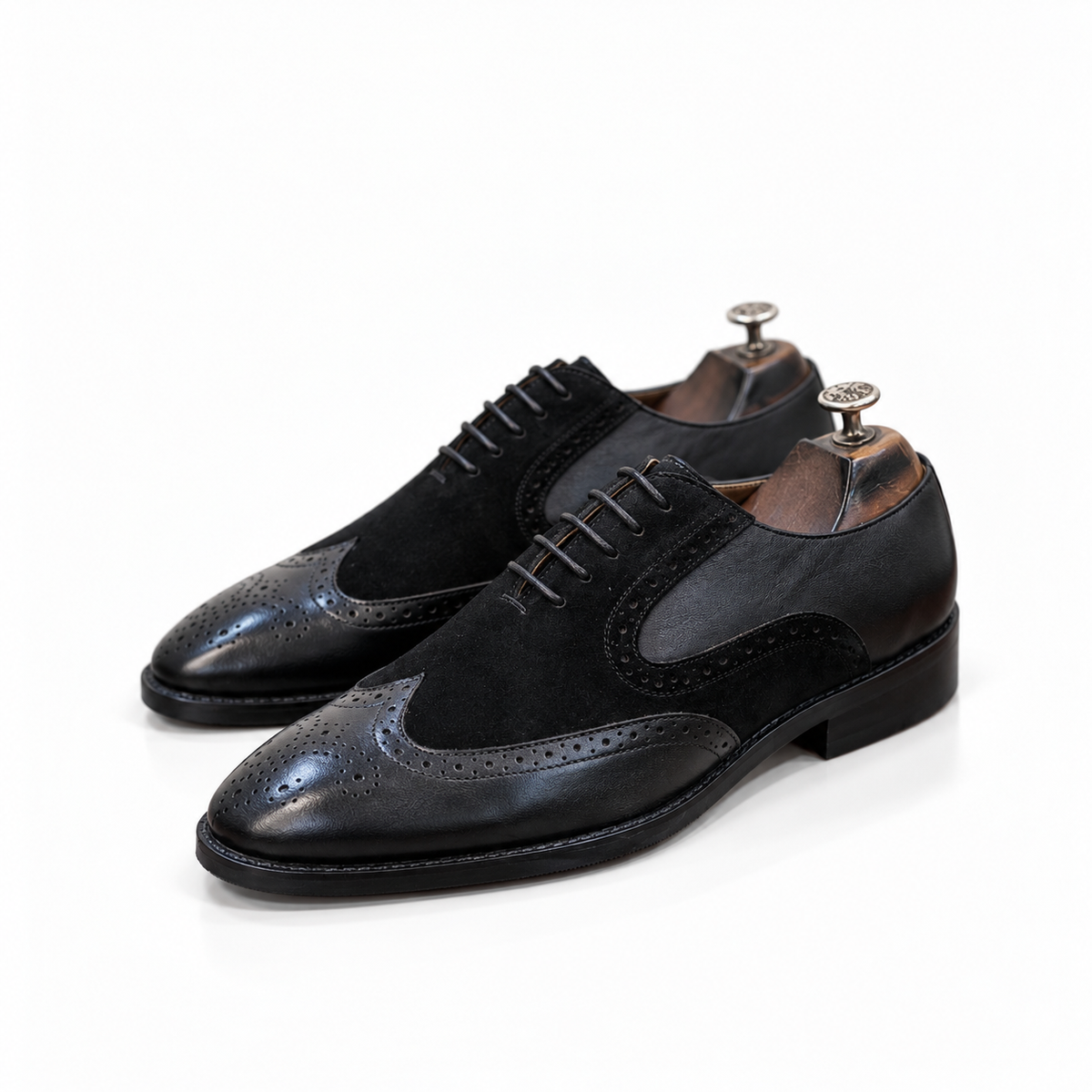 Noir Regent — Black Leather & Suede Wingtip Oxfords