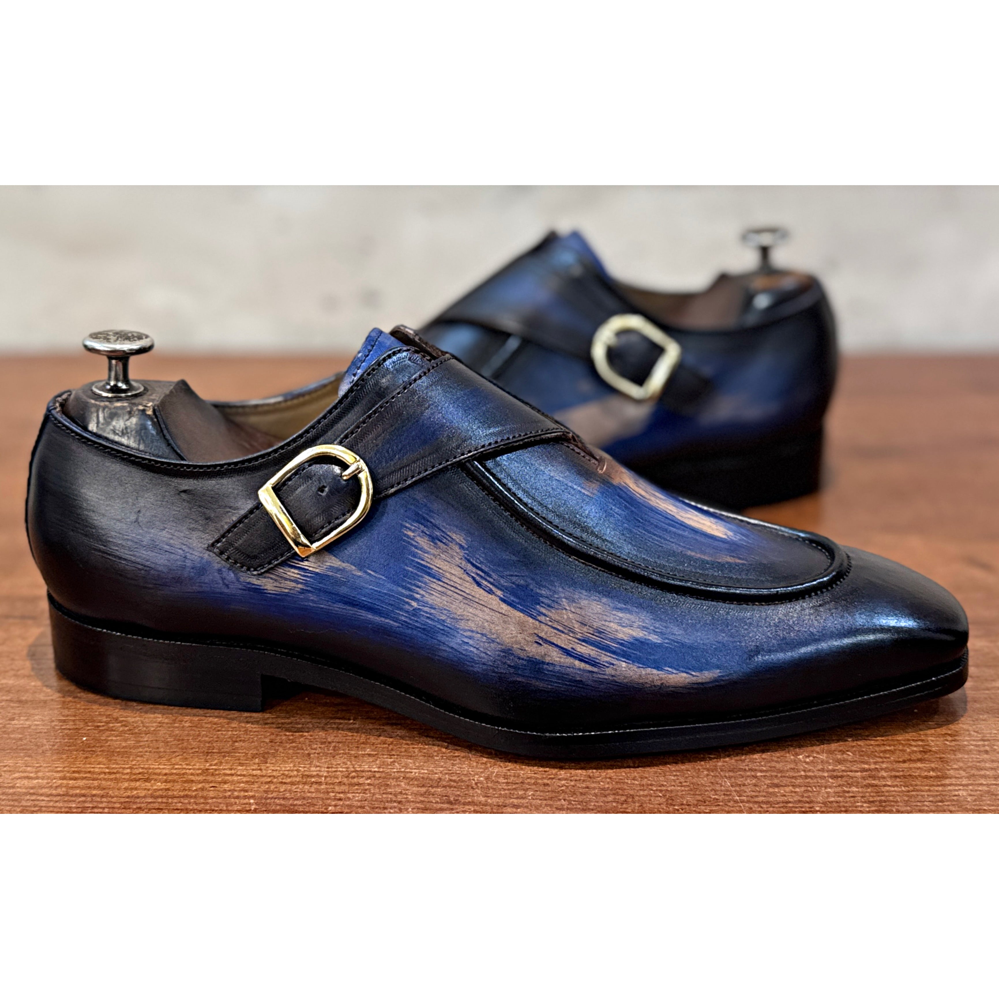 Azure Monarch Patina Monk Strap Shoes