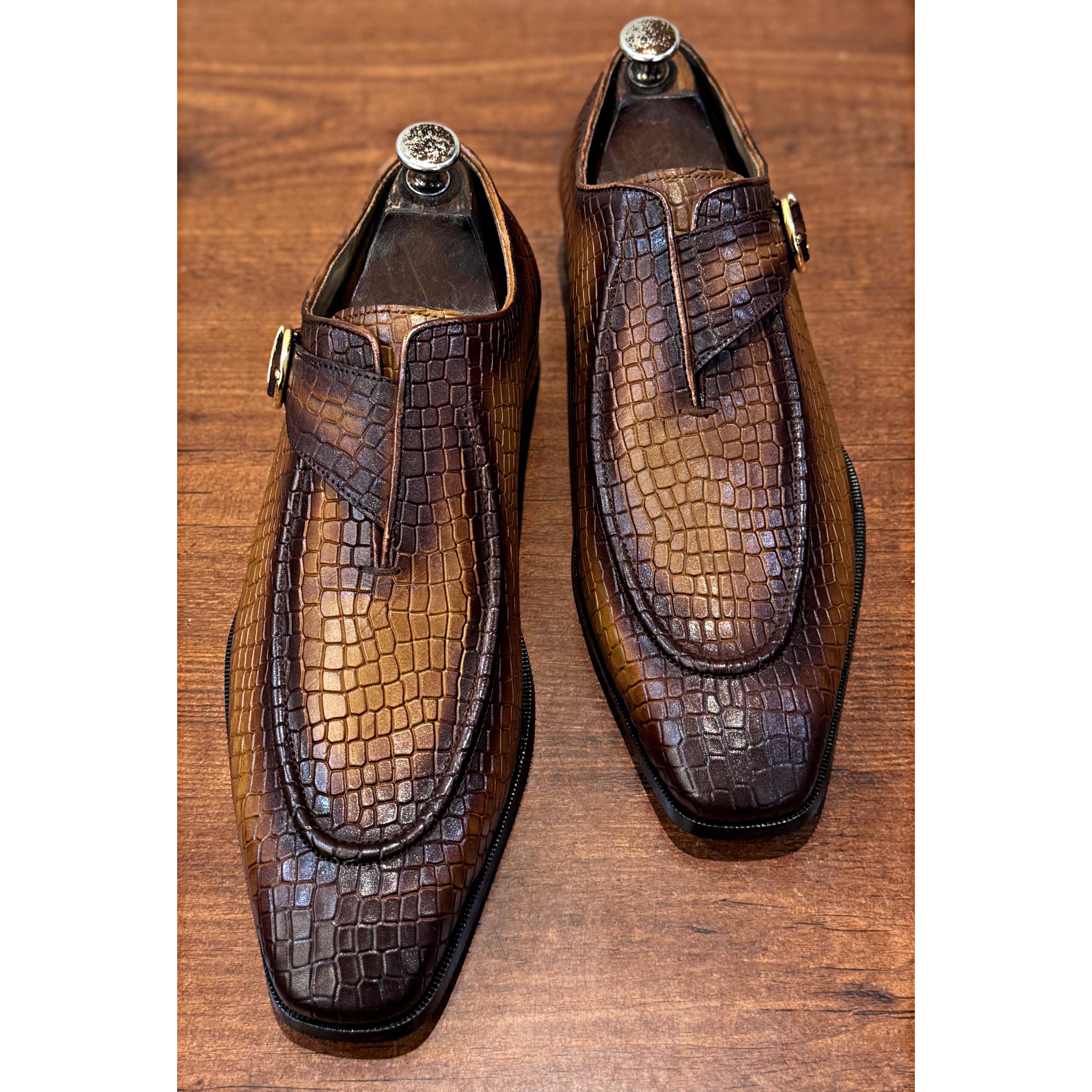 Monaco Croc Monk Strap Shoes Tan