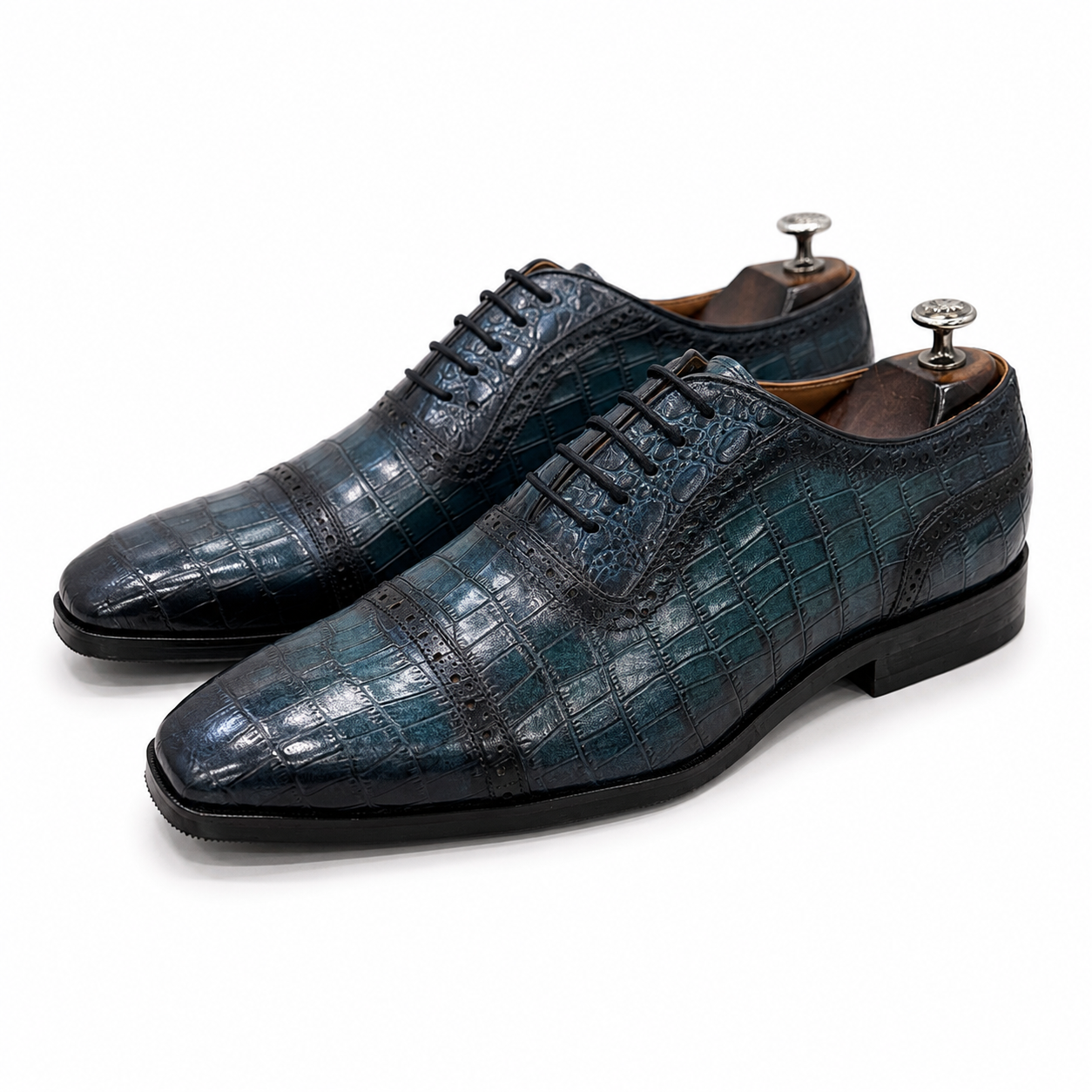 Royal Teal Croc-Embossed Brogue Oxford Shoes