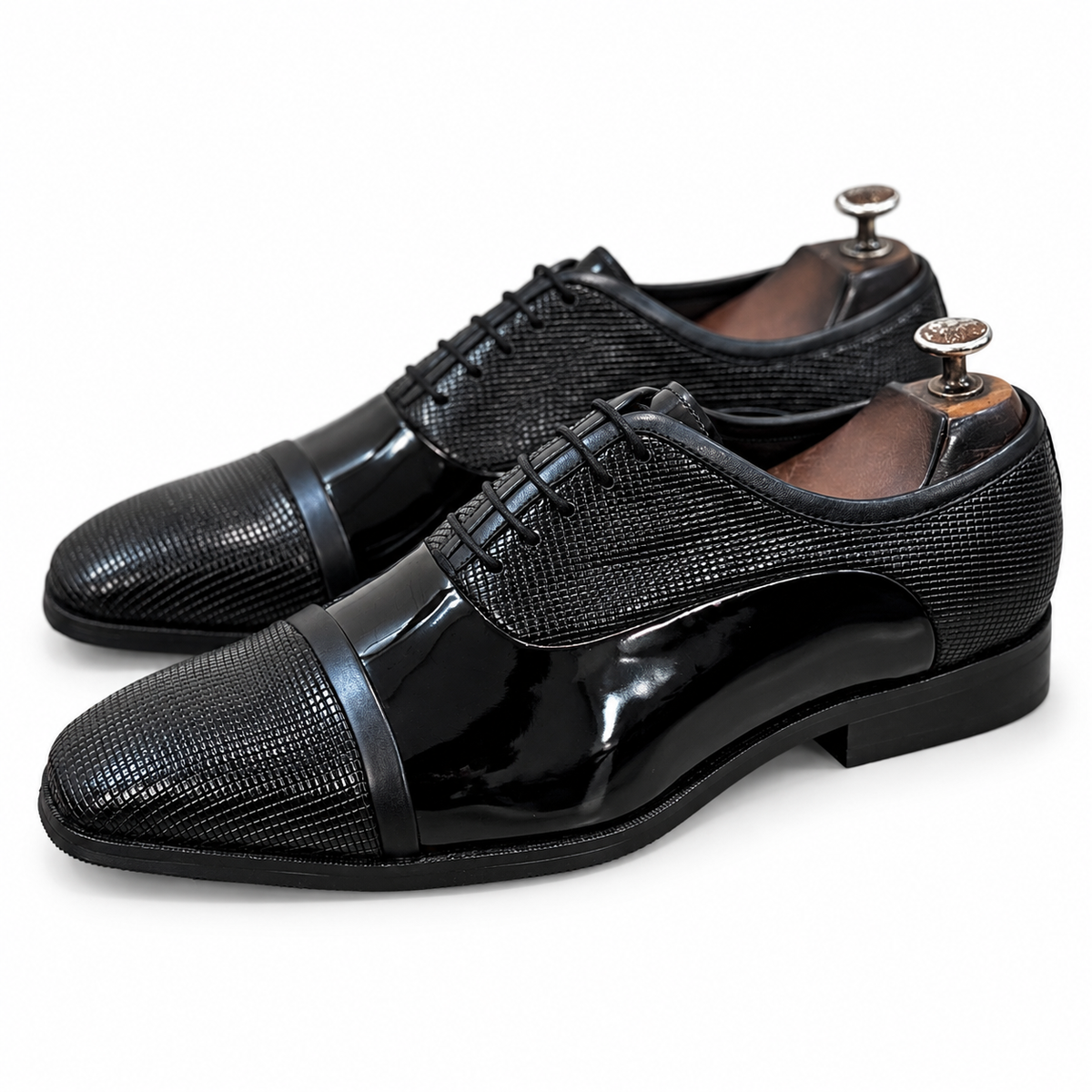 Black Patent Leather Cap-Toe Oxford Shoes – Luxury Textured Formal Dress Shoes