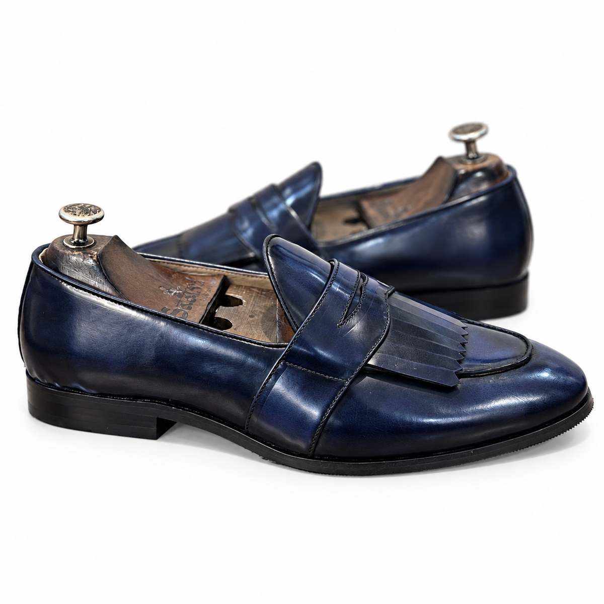 Blue Belgian Loafers for Men – Leather Fringe Slip-On Formal Shoes