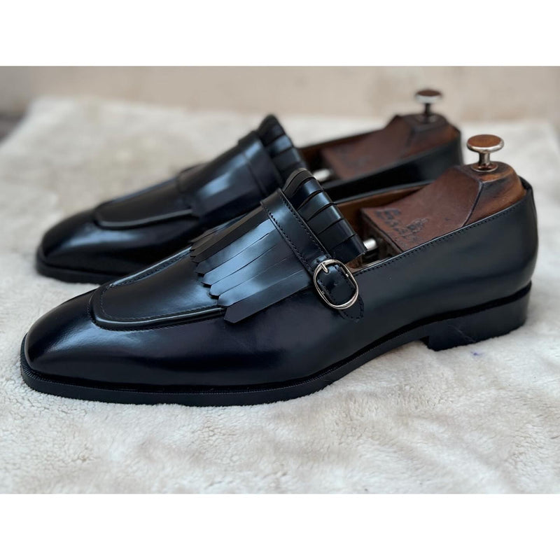 Black Calf Leather Loafers With Fringes