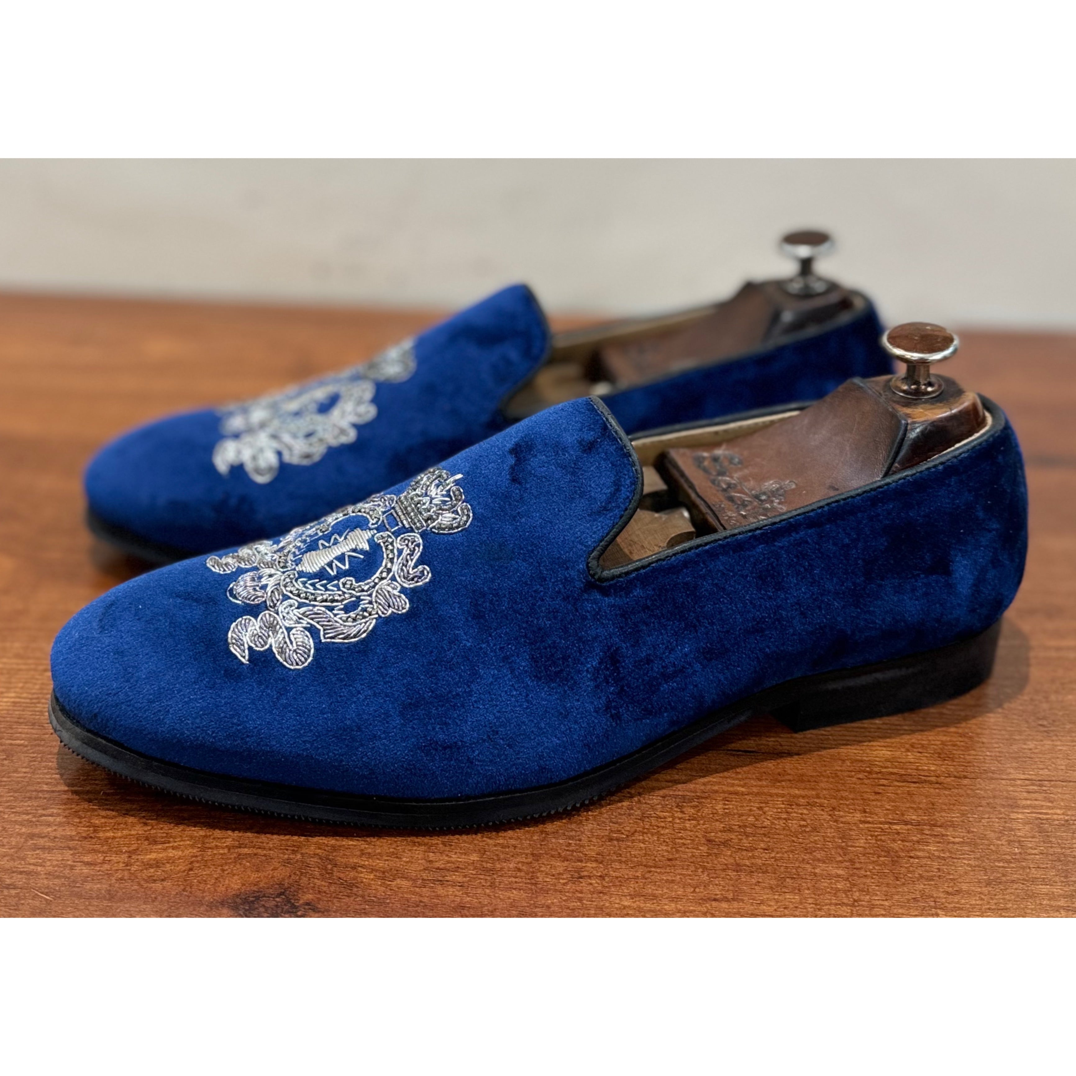 Blue Velvet Embroidery Slipons