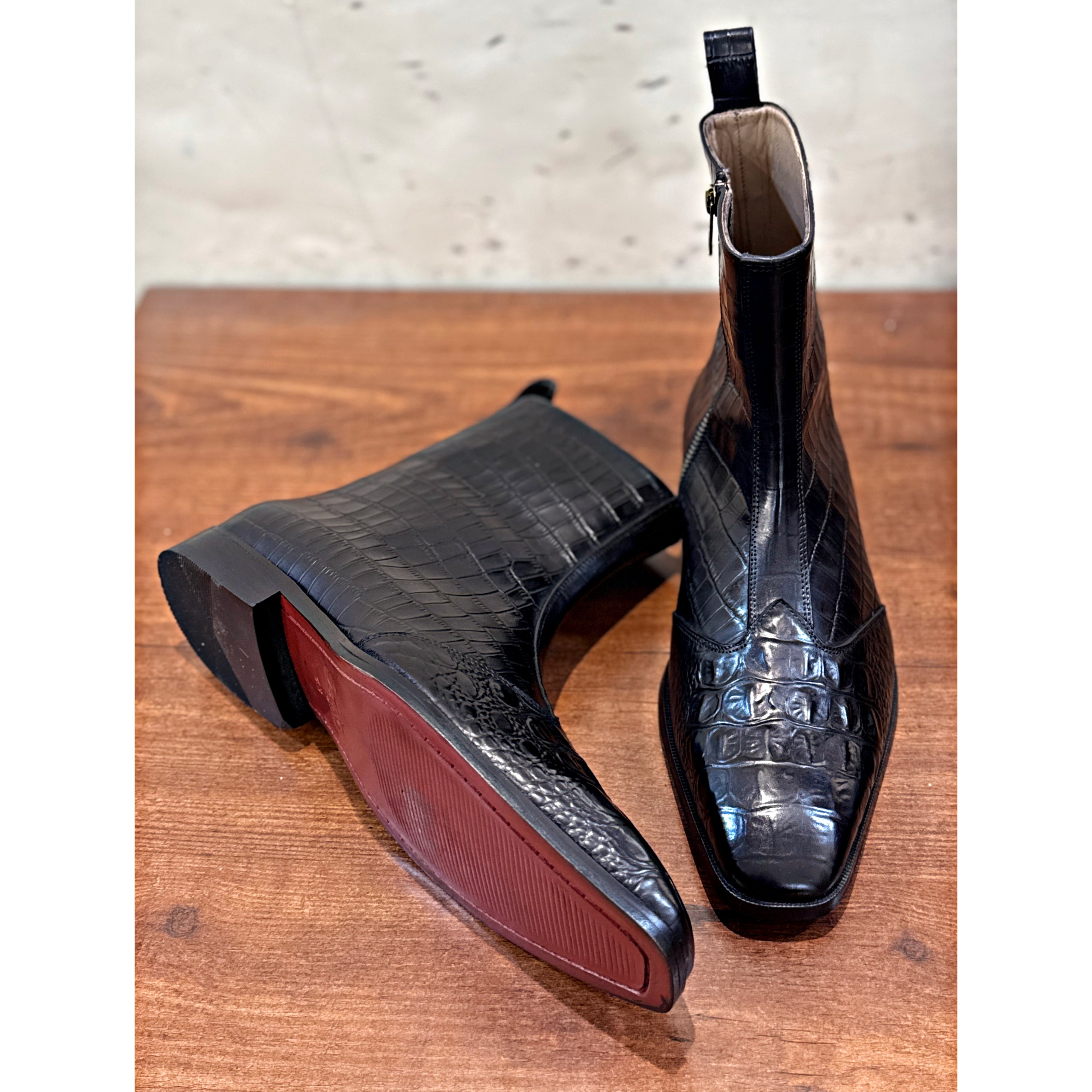 Obsidian Croc Zip Boots – Luxury Black Embossed Ankle Boots