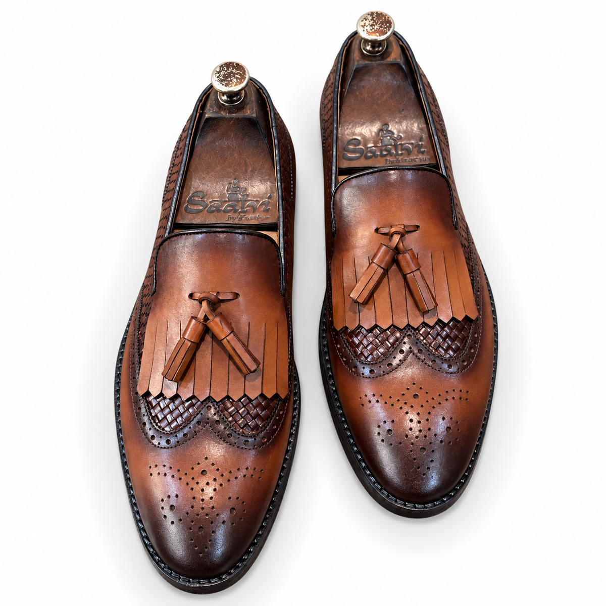 Cognac Royale Woven Wingtip Tassel Loafers