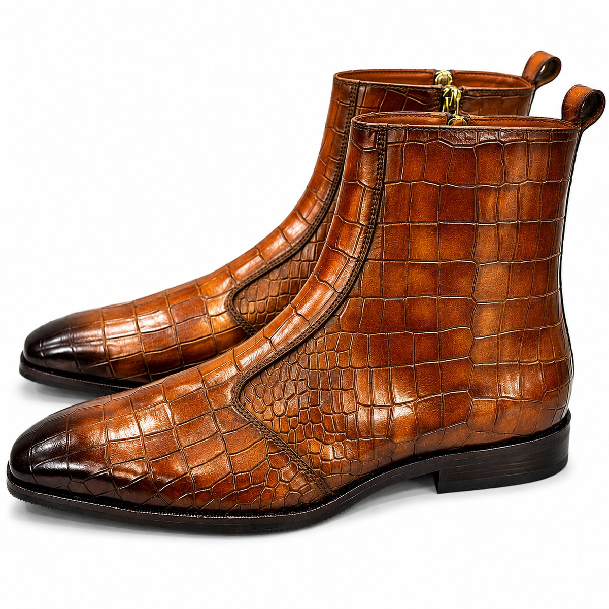 Cognac Croco Embossed Leather Ankle Boots