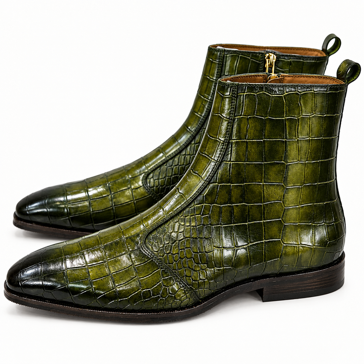 Olive Croco Embossed Leather Ankle Boots