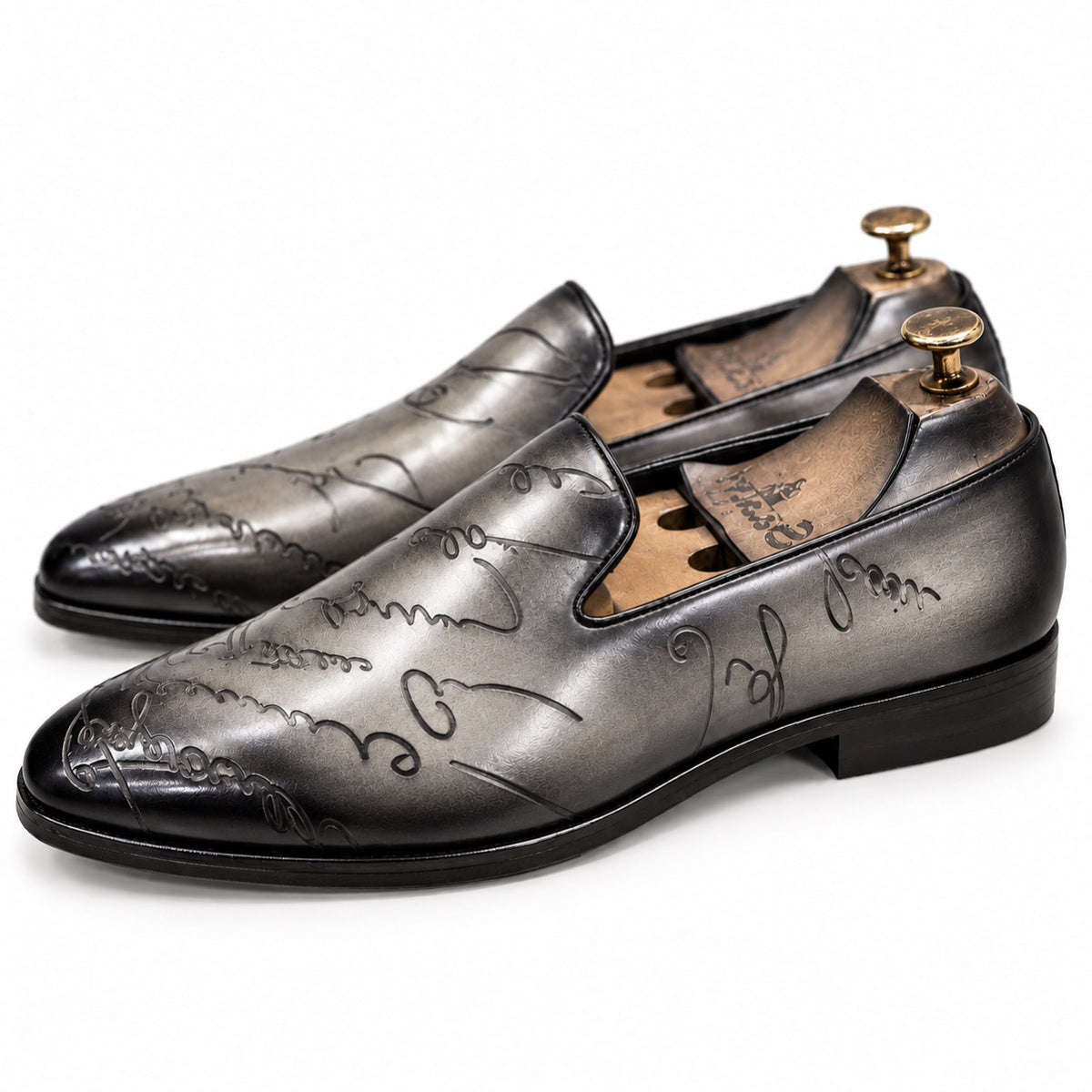 Saalvi Noir Artisan Script Leather Loafers