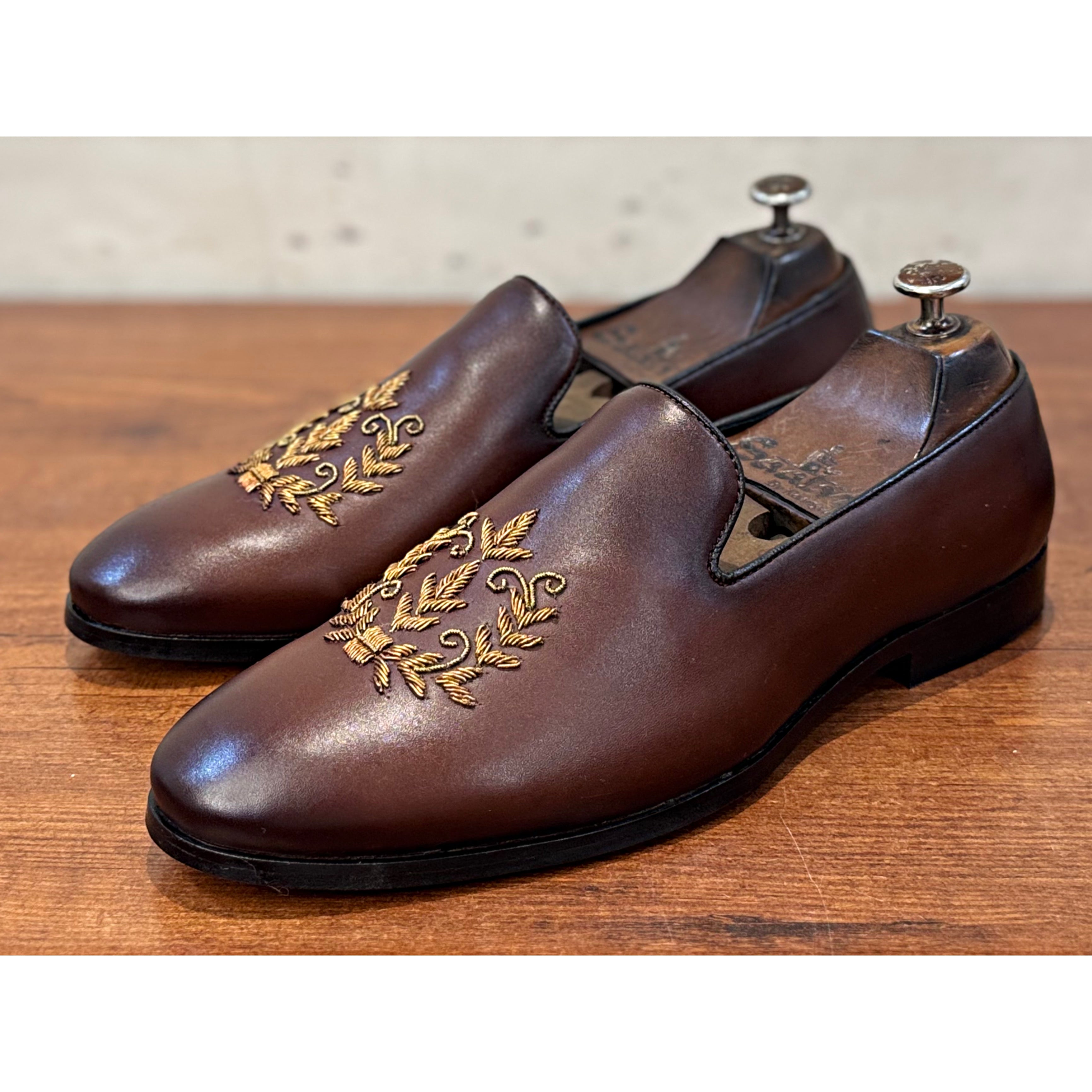 Brown Leaf Zardosi Slipon
