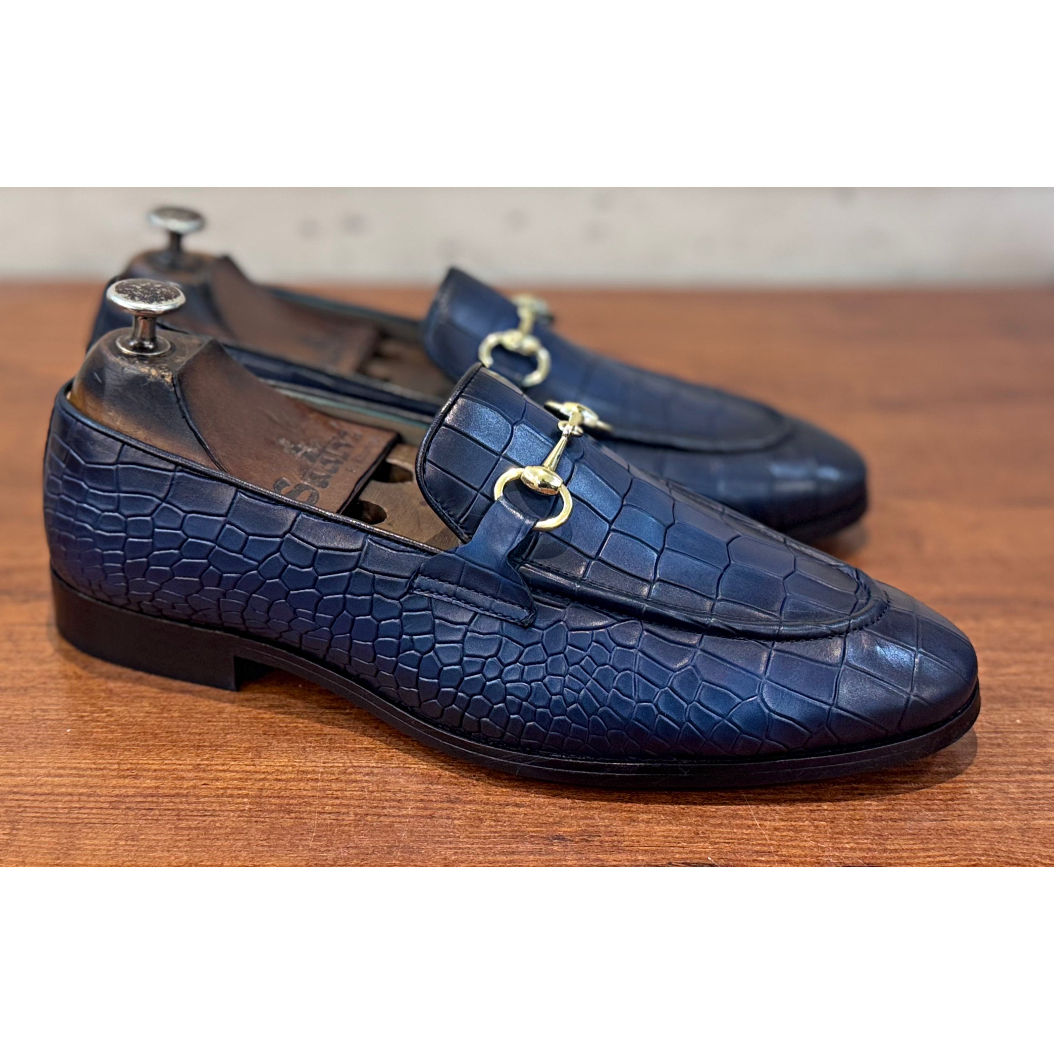 Blue Croco Horsebit Loafers