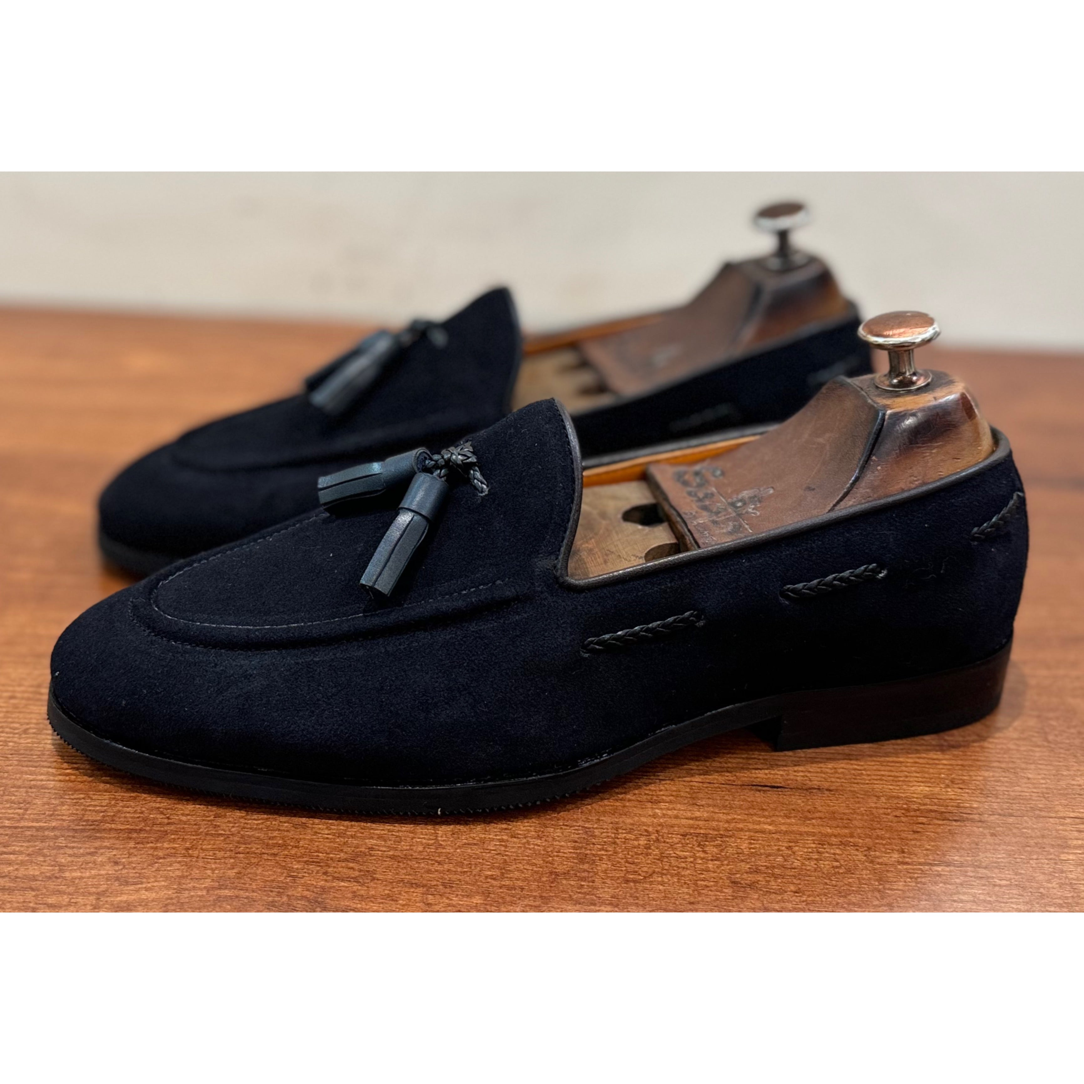 Blue Suede Loafers with Tassels