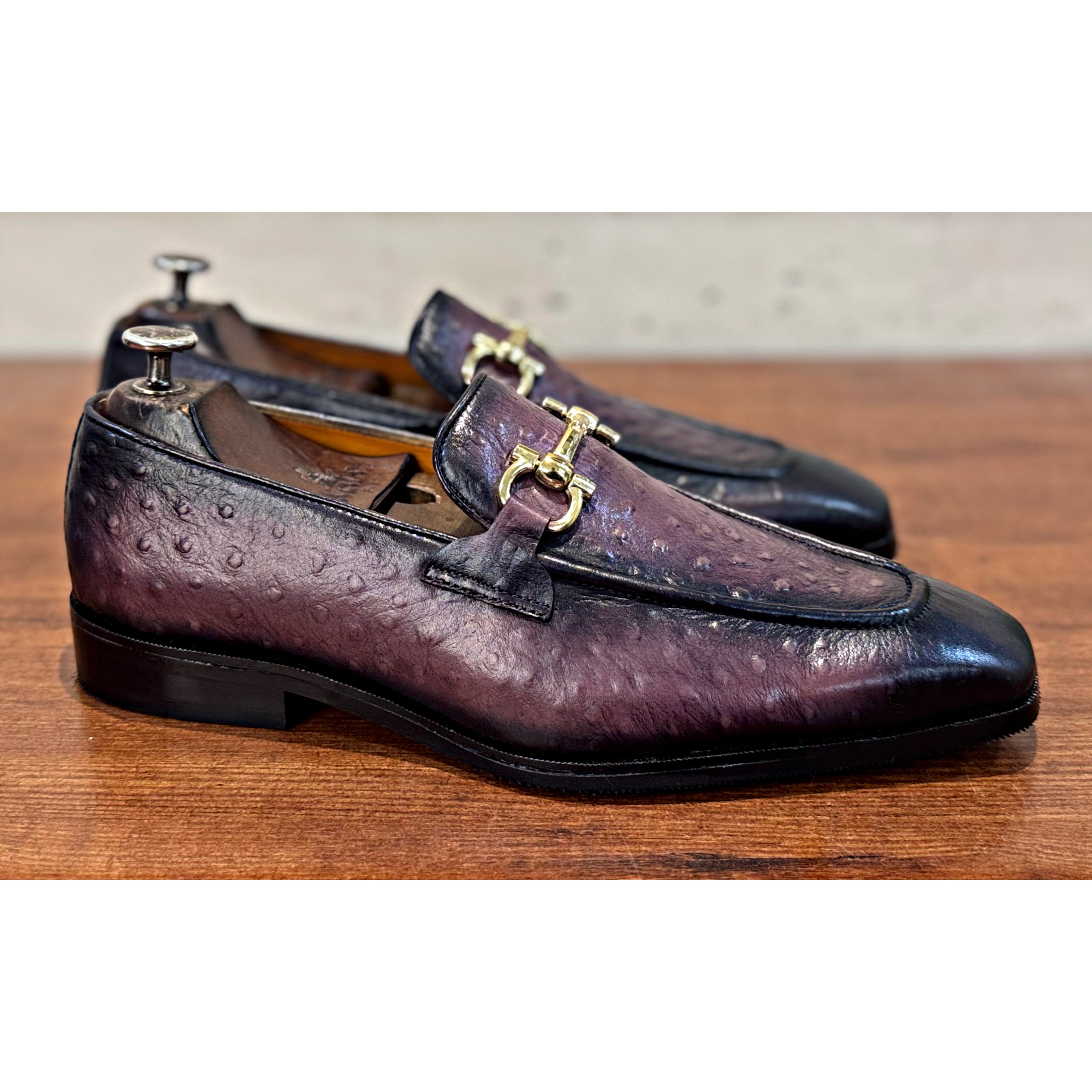 Ostrich Hand Patina Loafers With Buckle
