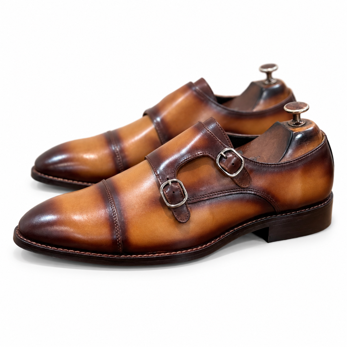 Tan Royale Hand-Patina Double Monk Strap Shoes