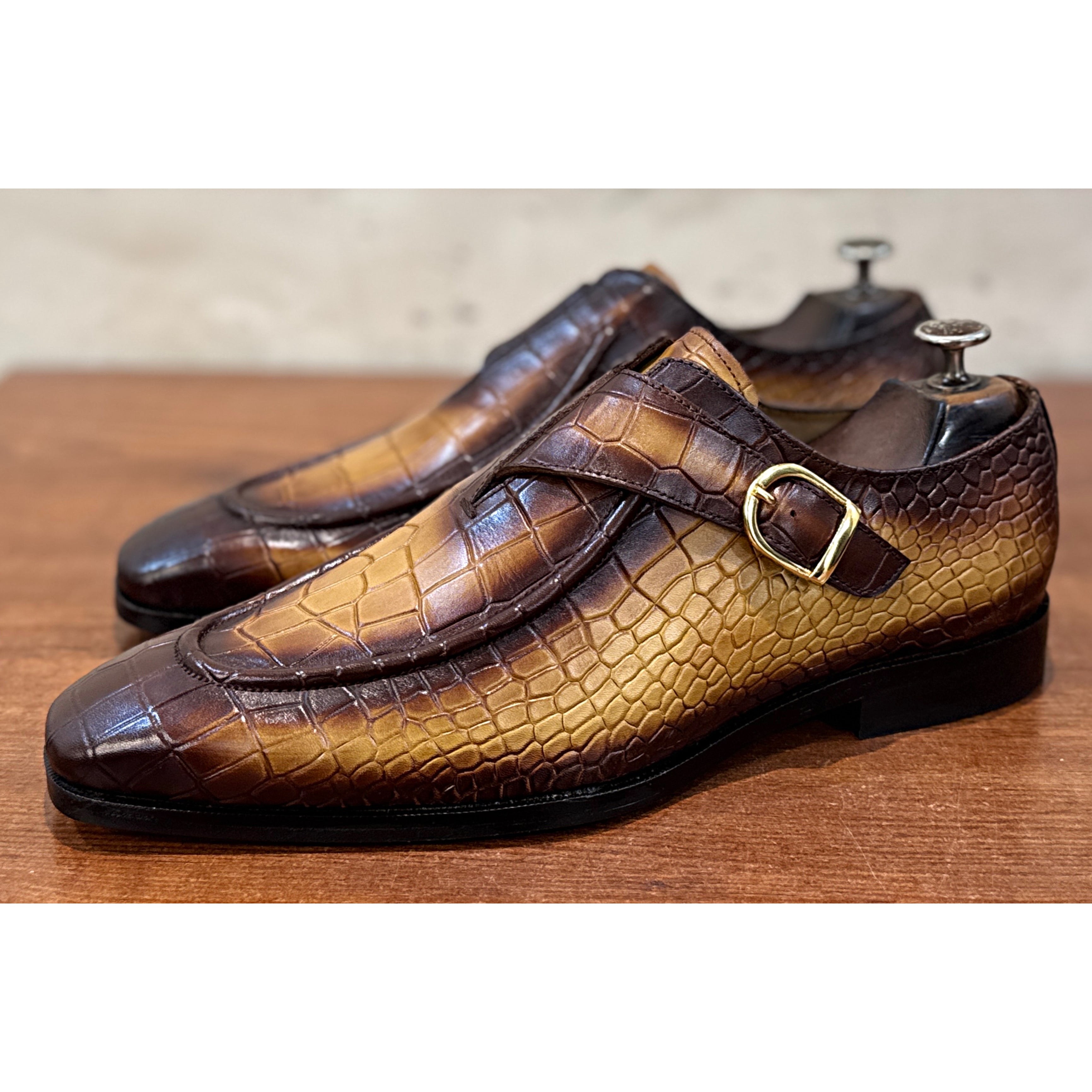 British Pointed Toe Single Monk – Burnished Bronze Croc