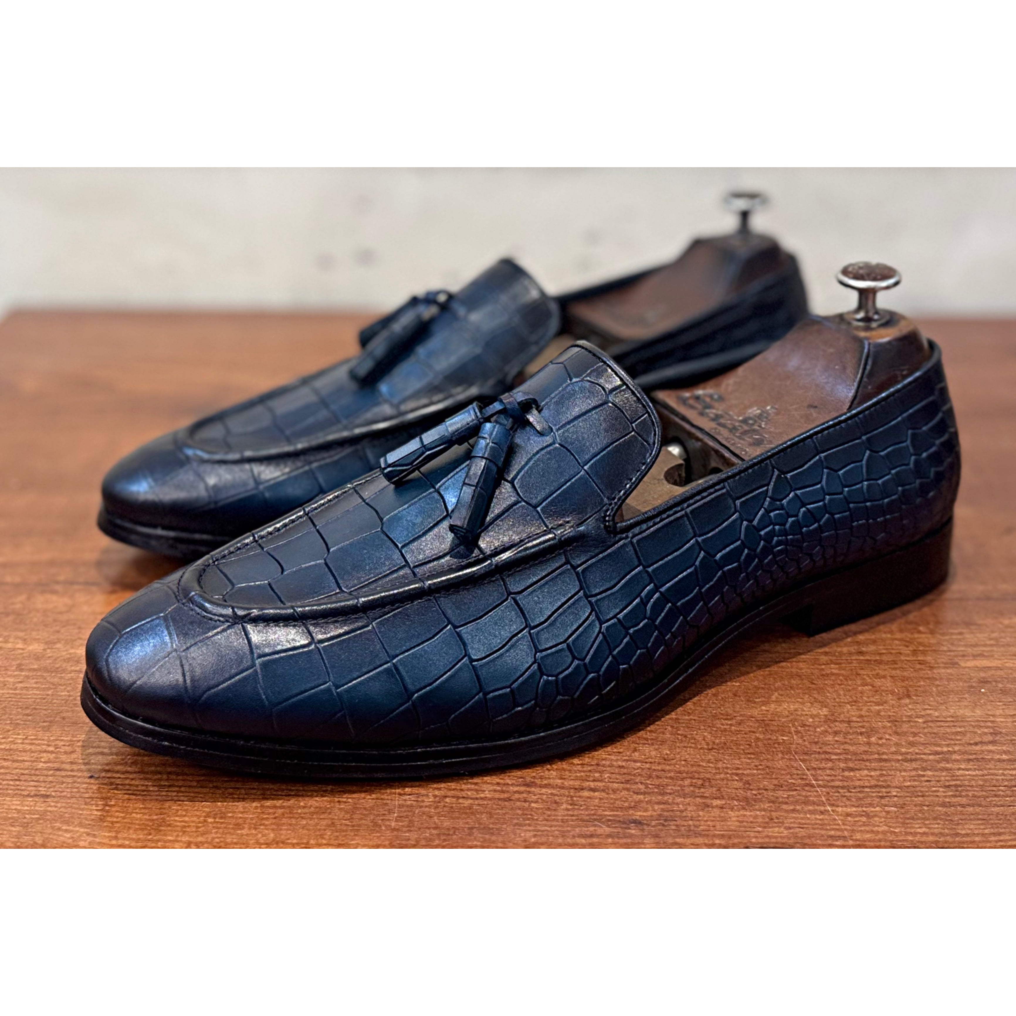 Blue Croco Loafers With Tassels