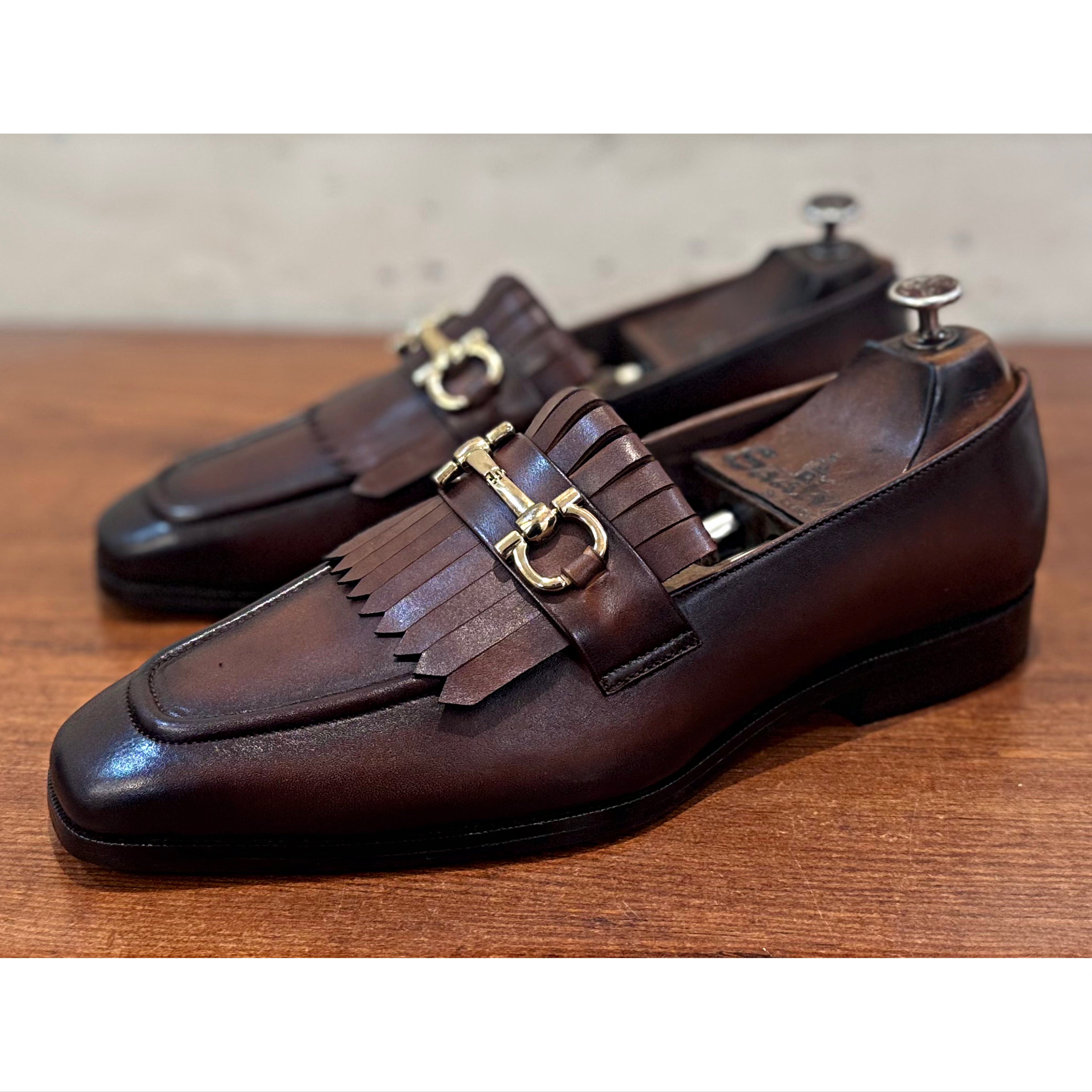 Brown Fringe Loafers Hand Patina