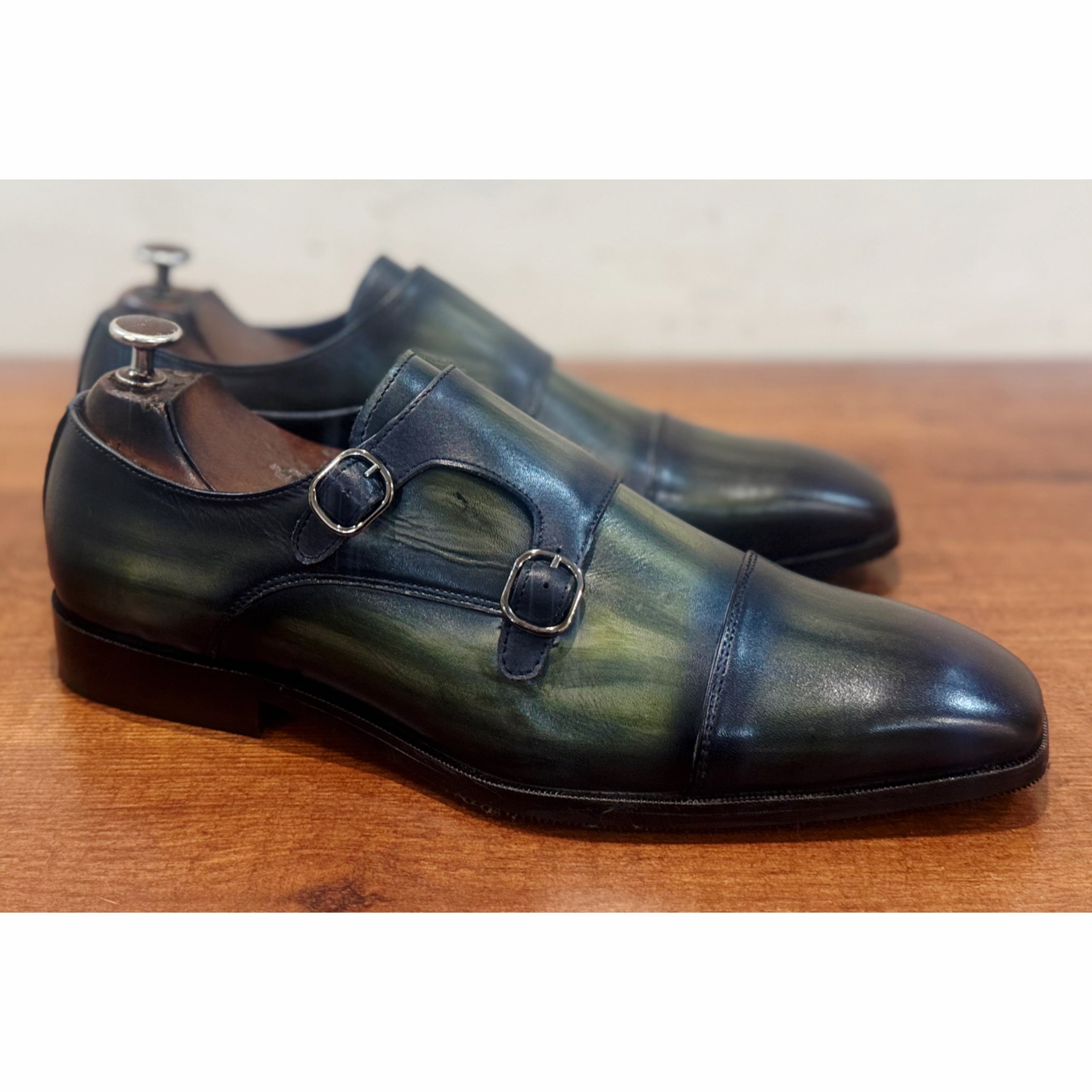 Double Monk Straps Green Hand Patina