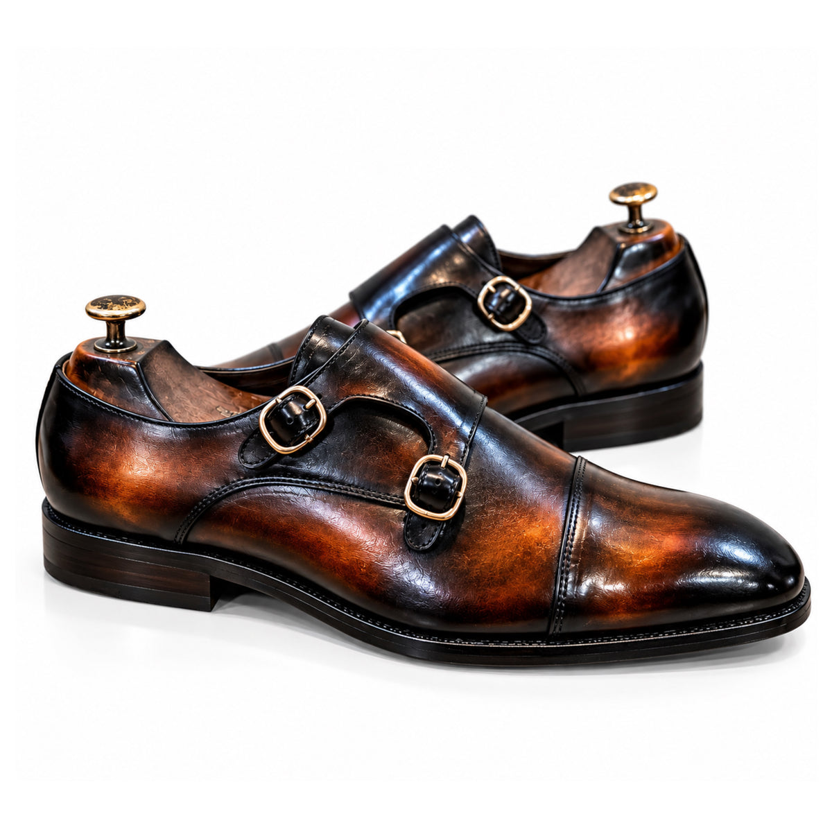 Bourbon Noir Hand-Patina Double Monk Strap Shoes
