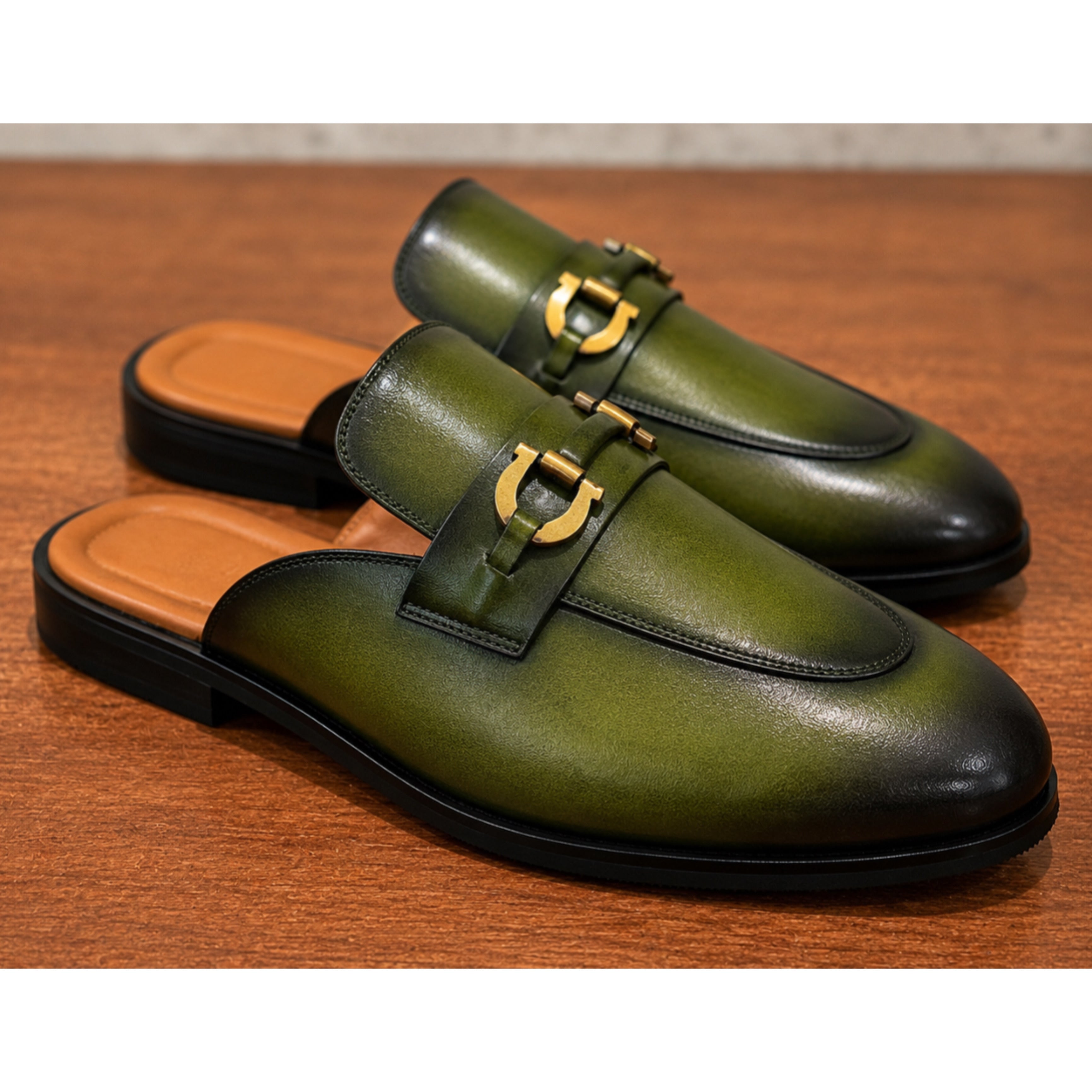 Verdant Monarch Horsebit Mule Loafers – Green Two-Tone Leather