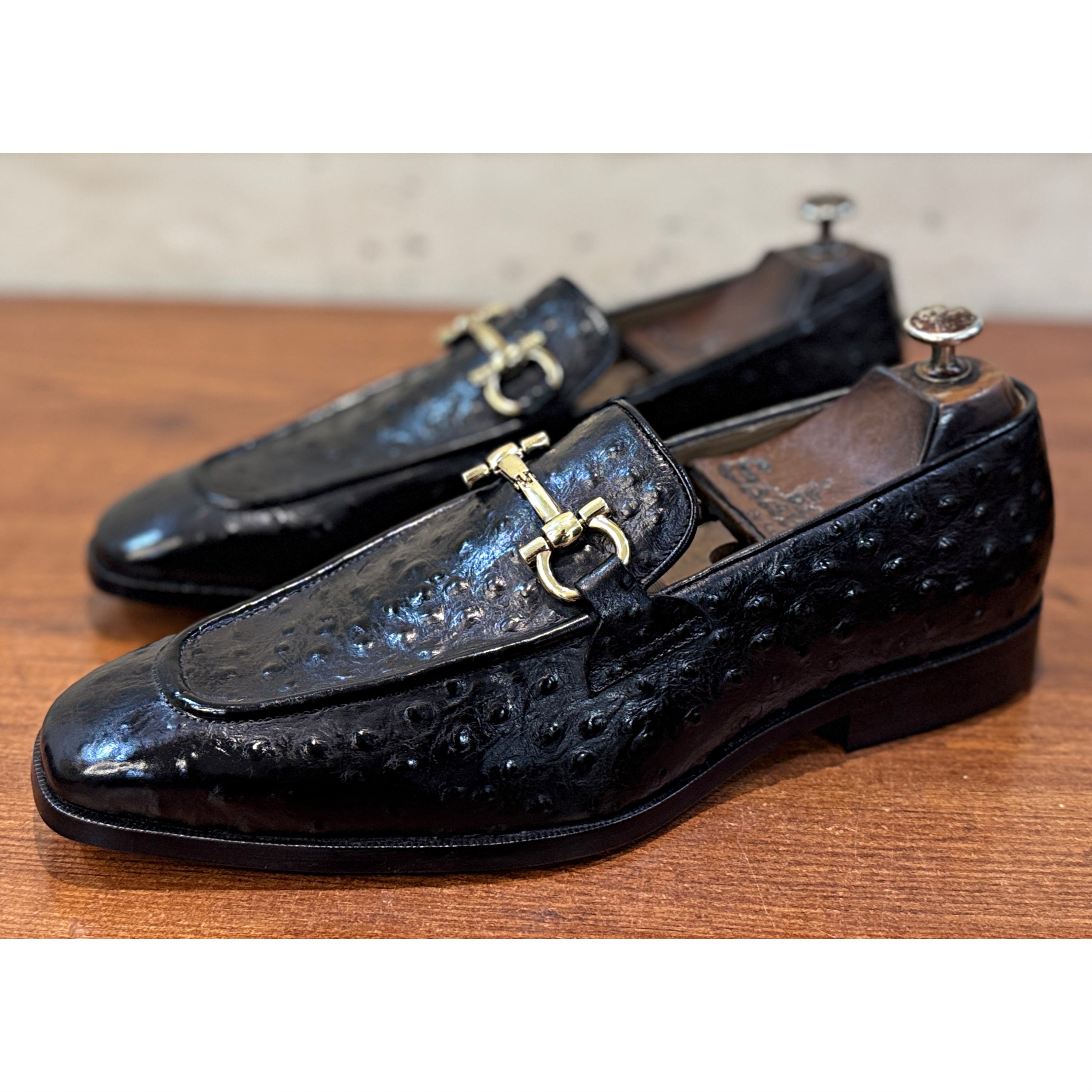 Men’s Black Ostrich-Embossed Leather Horsebit Loafers – Luxury Slip-On Formal Shoes