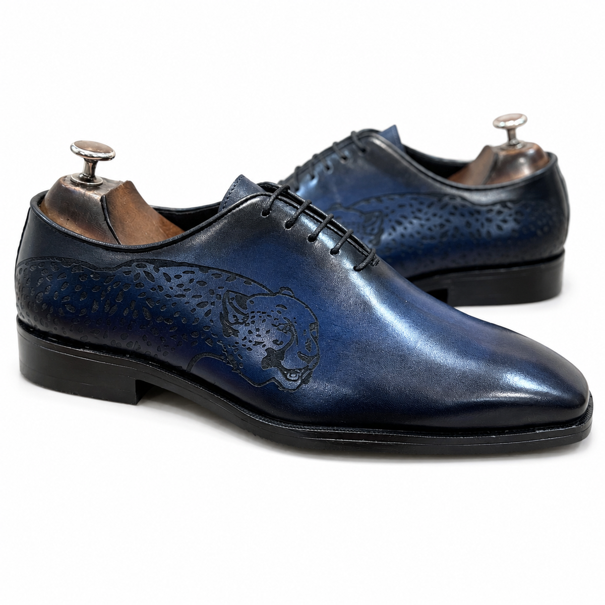 Royal Blue Tiger Wholecut Hand-Finished Leather Shoes