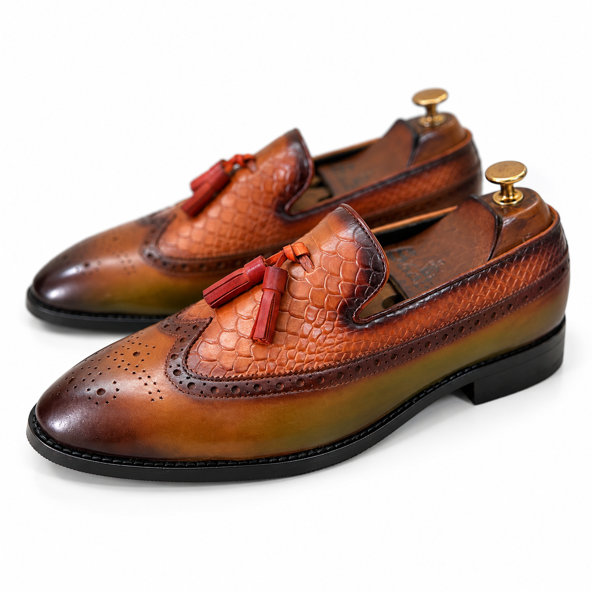 Verdant Cognac Twin-Texture Wingtip Tassel Loafers