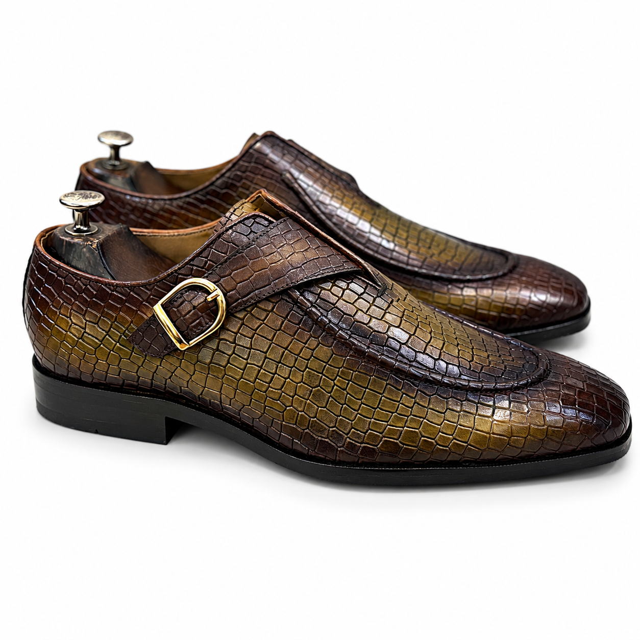 The Croco Monarch Monk – Olive Brown Croc Texture Monk Strap Shoes
