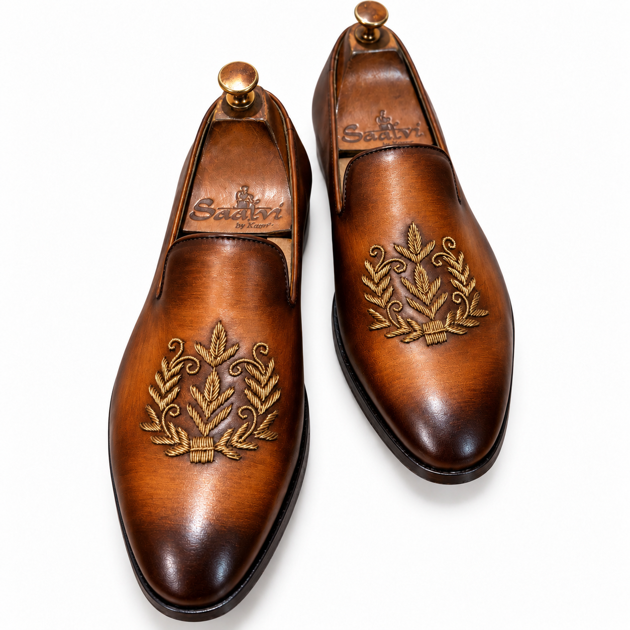 Saalvi Aurelian Cognac Brown Handcrafted Leather Zardosi Loafers