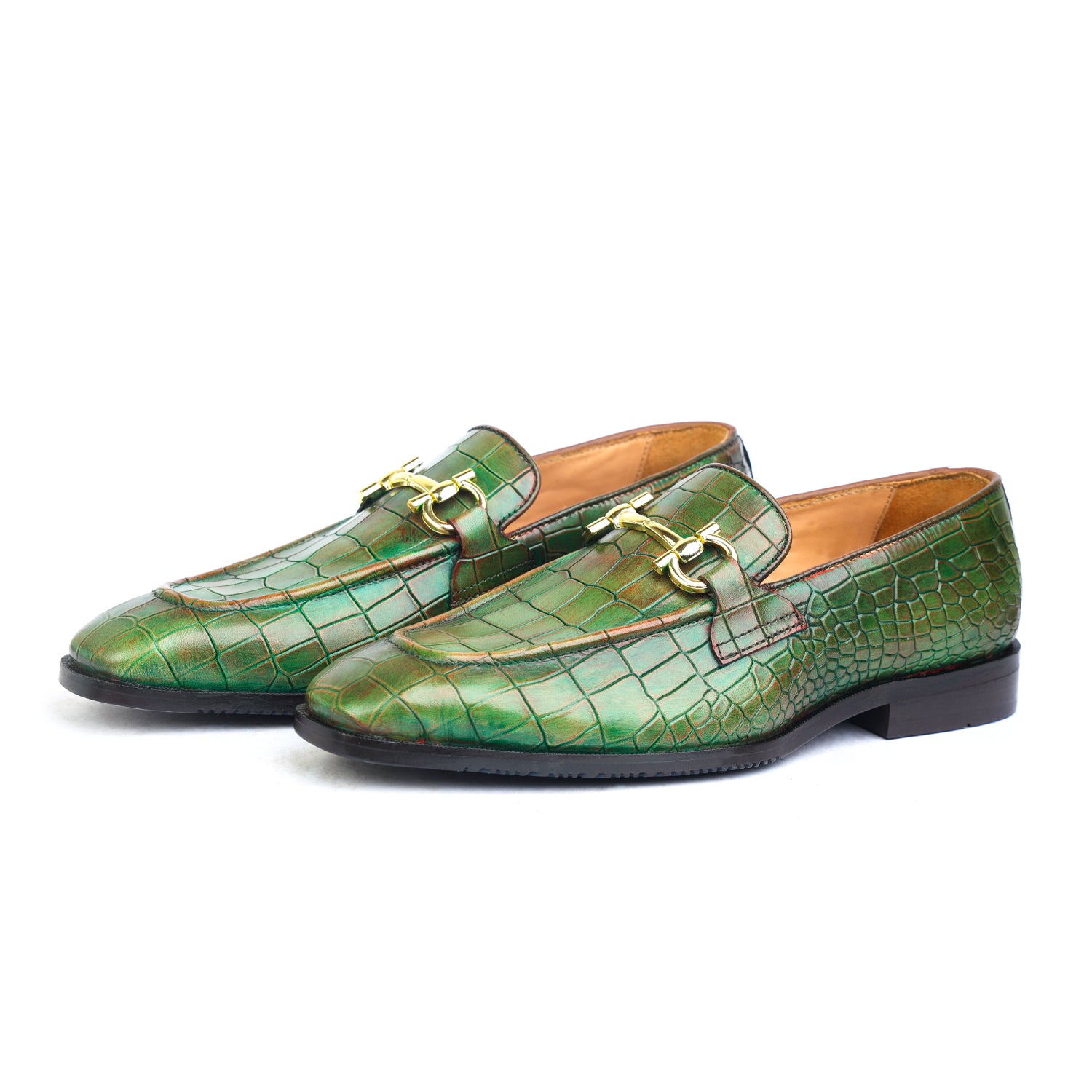 Green Crocodile Loafers With Buckle