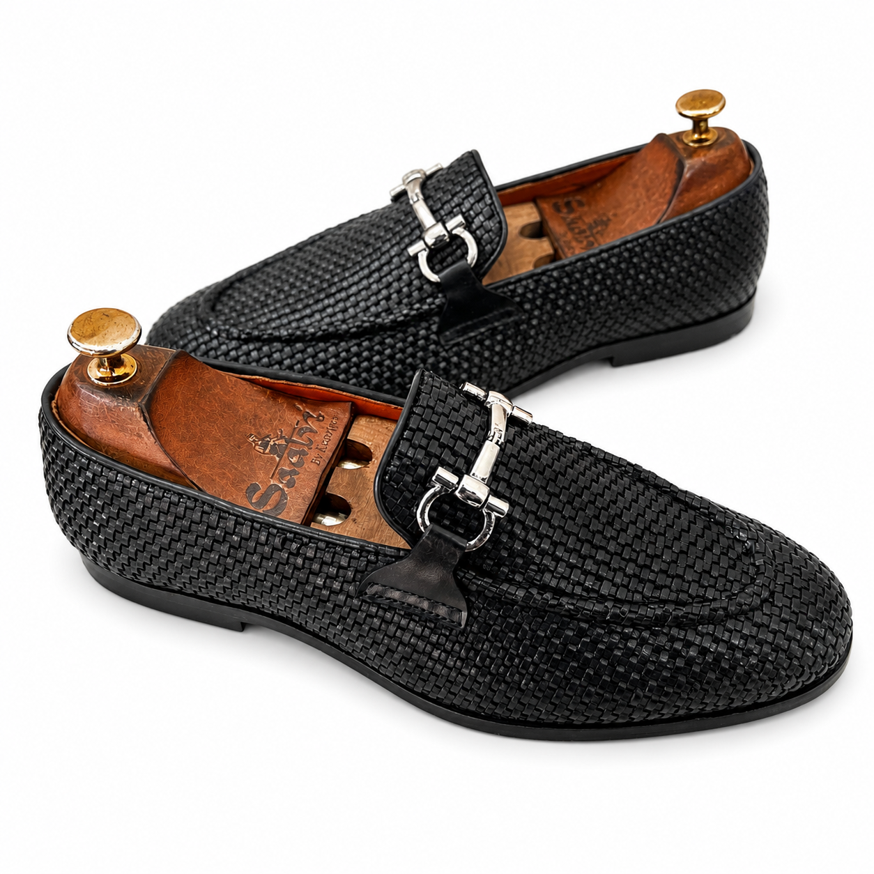 Black Hand Woven Loafers With Silver Metal Trim
