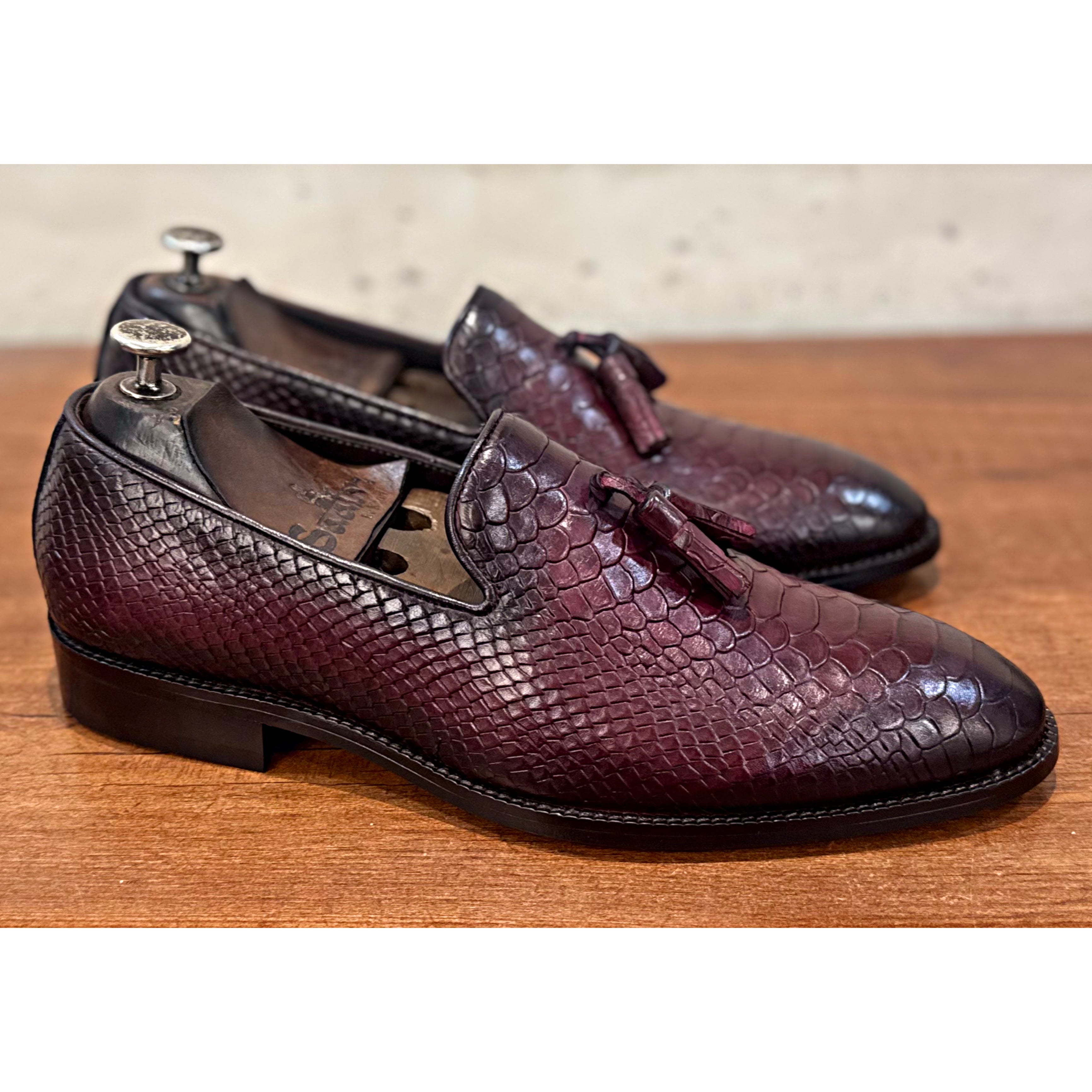 Python Embossed Loafers With Tassels Bordo
