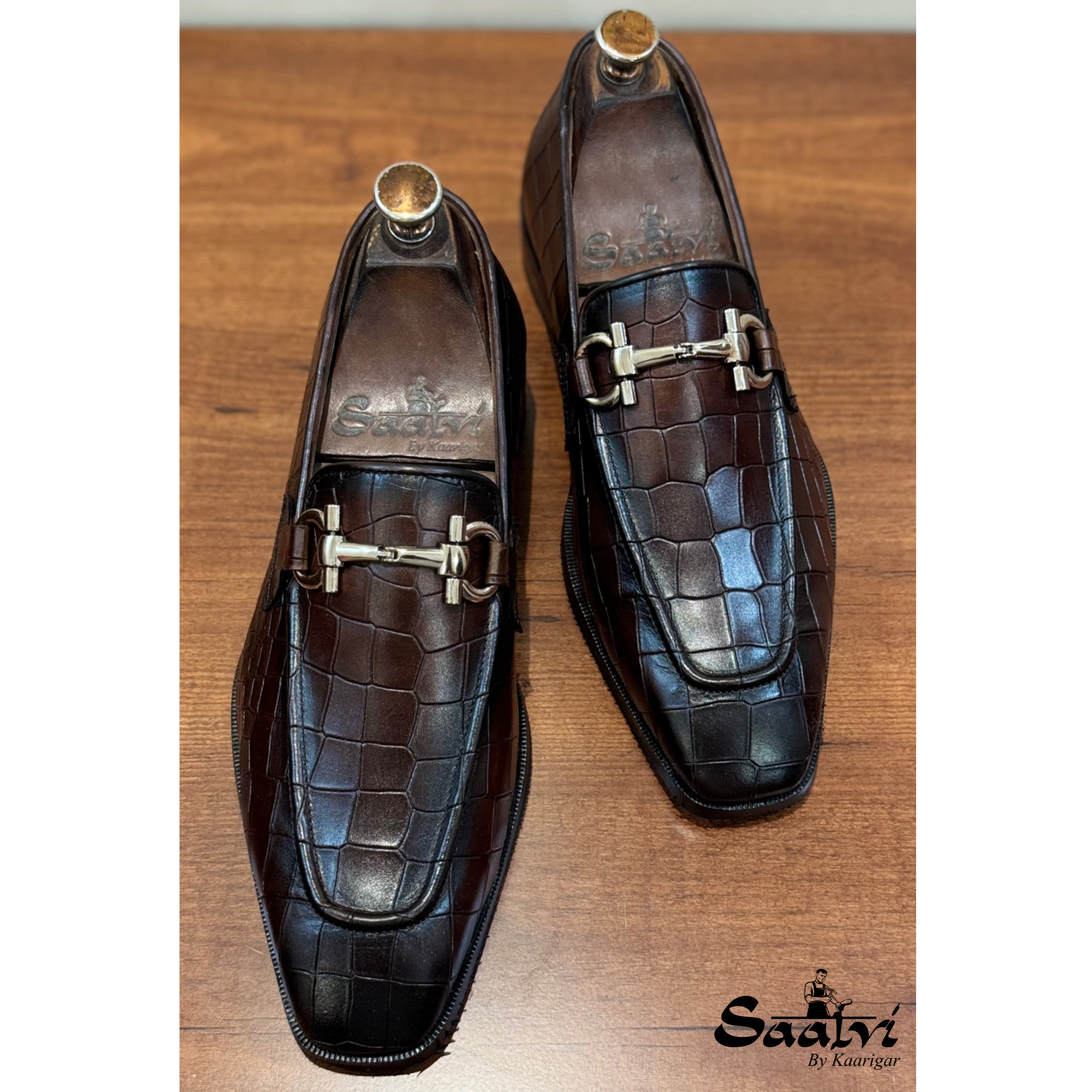 Brown Croco Loafers Hand Patina