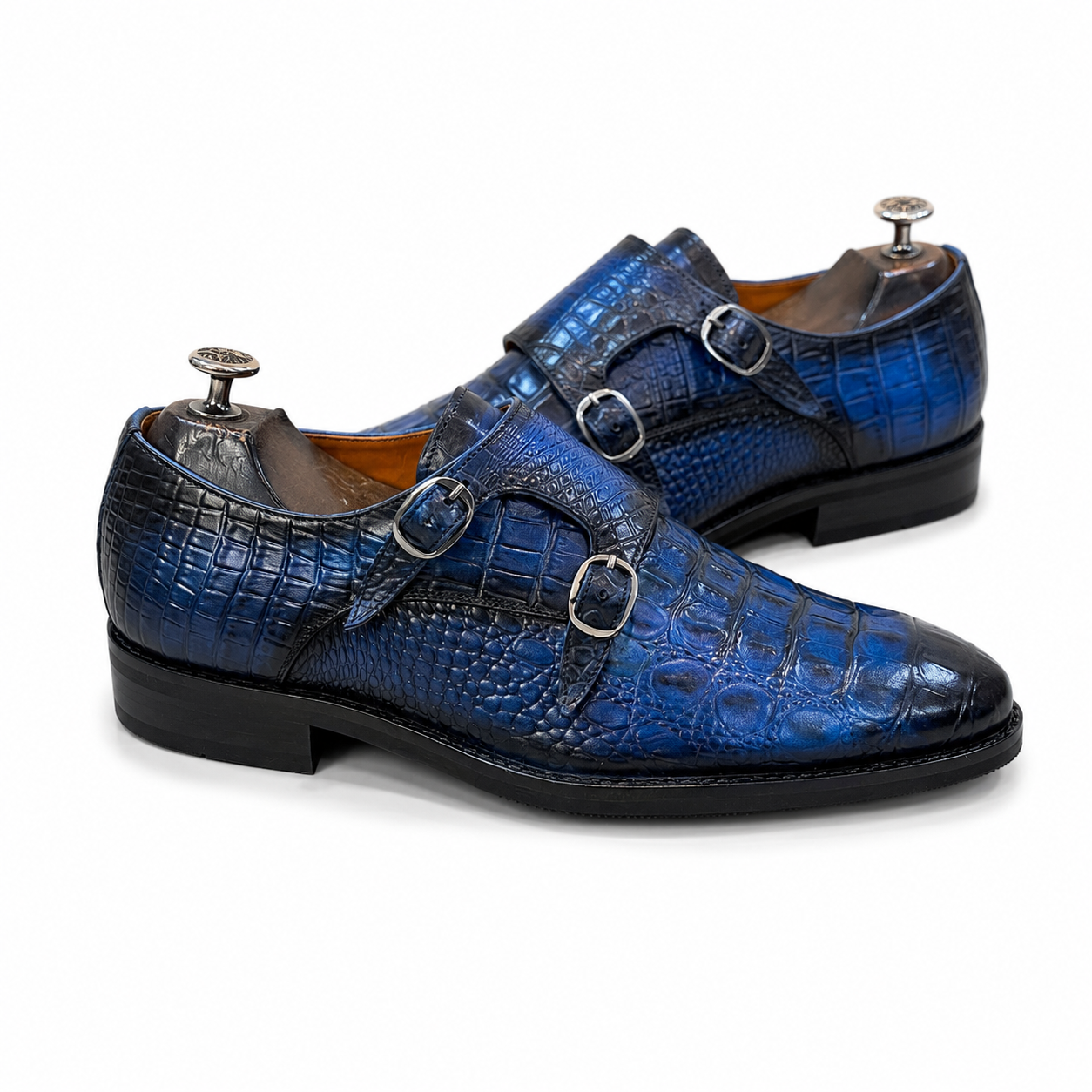Cobalt Croc Double Monk Strap Shoes