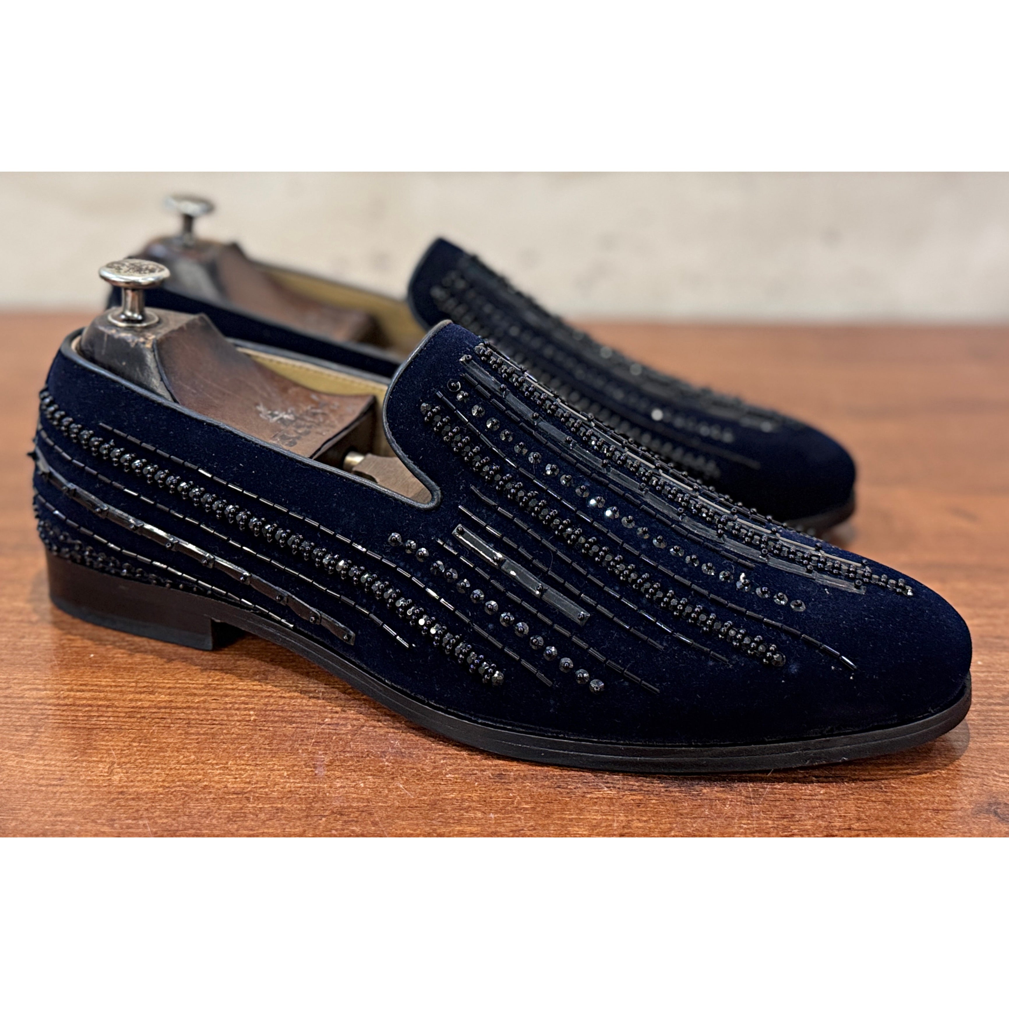 Barone Coal Navy Embroidered Velvet Loafers