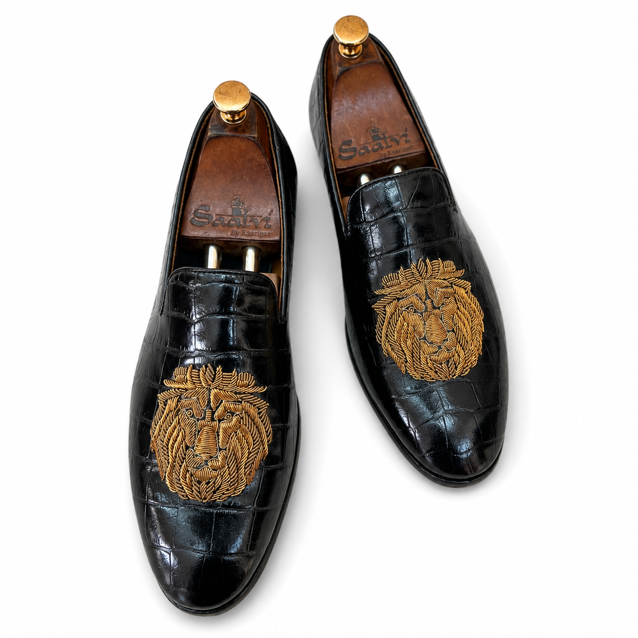 Black Croco Lion Zardosi Slipons