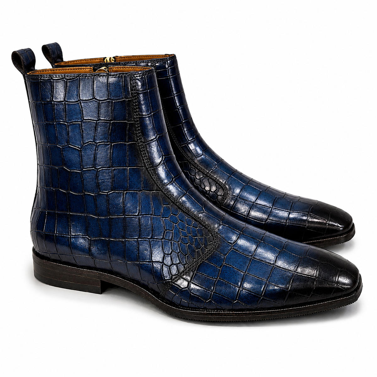Midnight Blue Croco Embossed Leather Ankle Boots