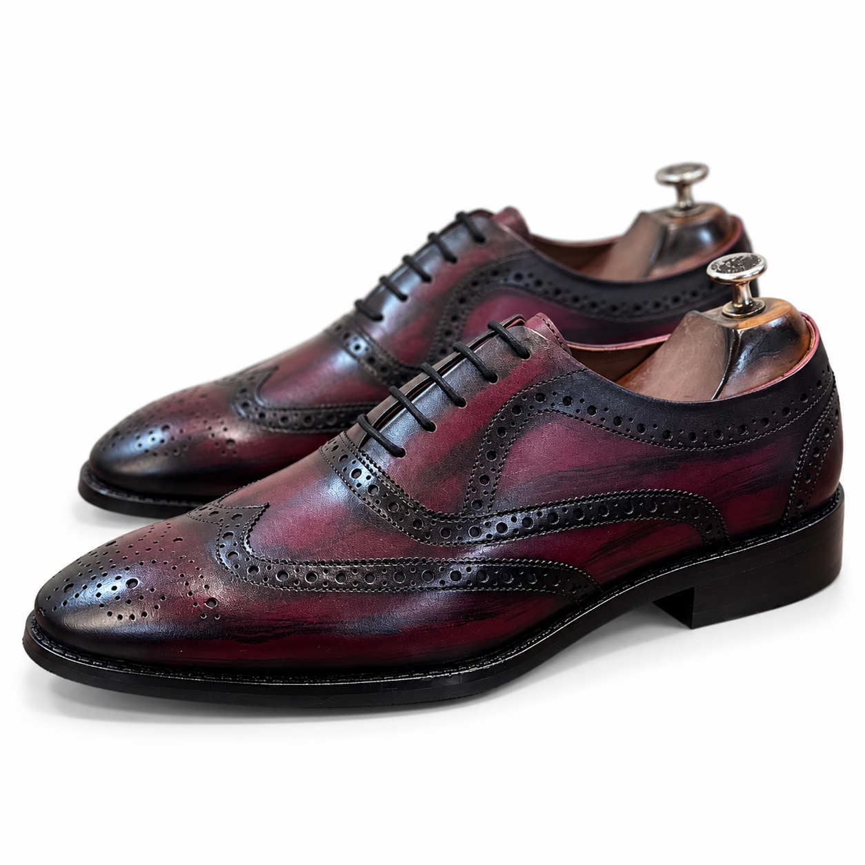 Burgundy Eclipse Hand-Patina Wingtip Oxford Shoes
