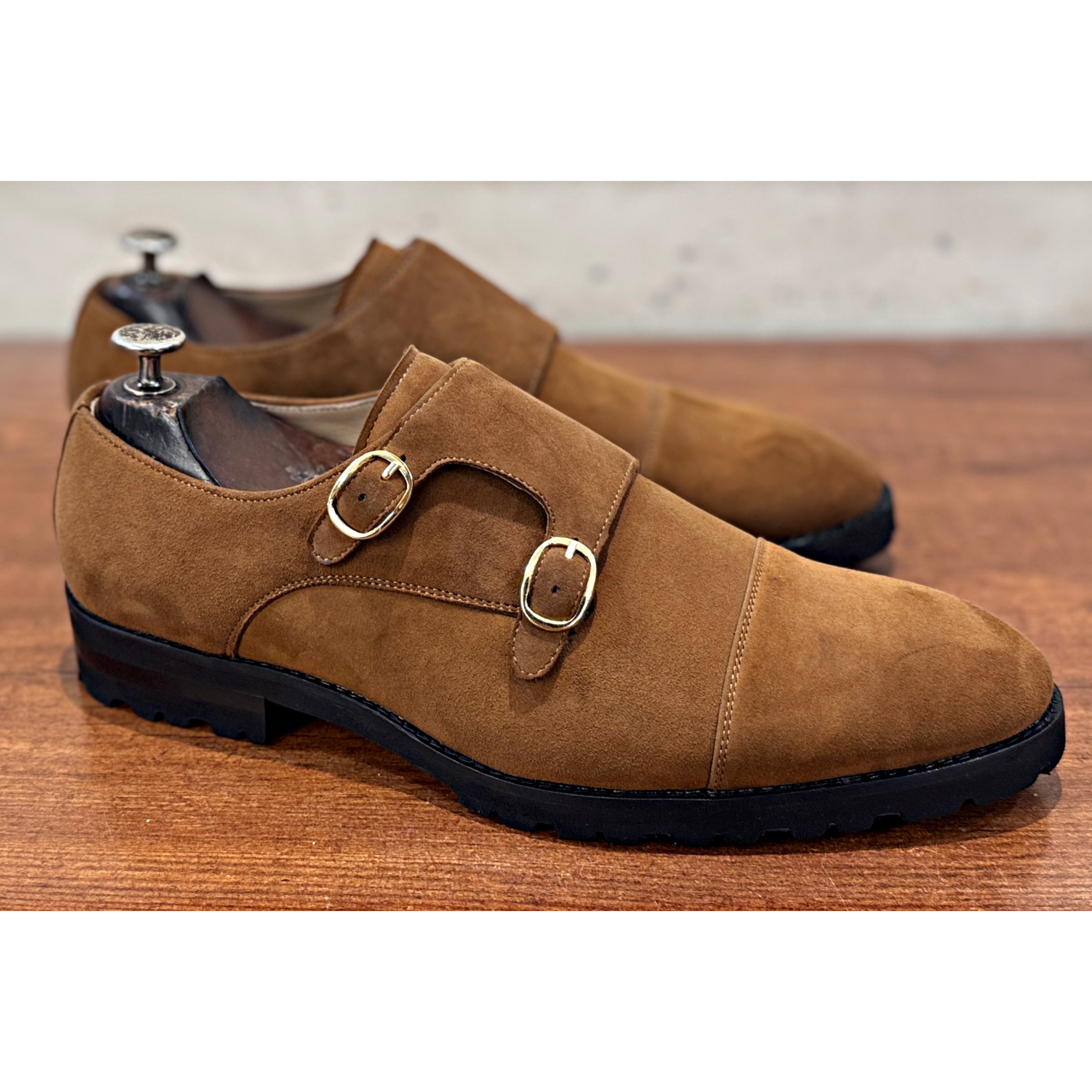 Sahara Suede Double Monk Strap Shoes – Luxury Tan Suede Monks