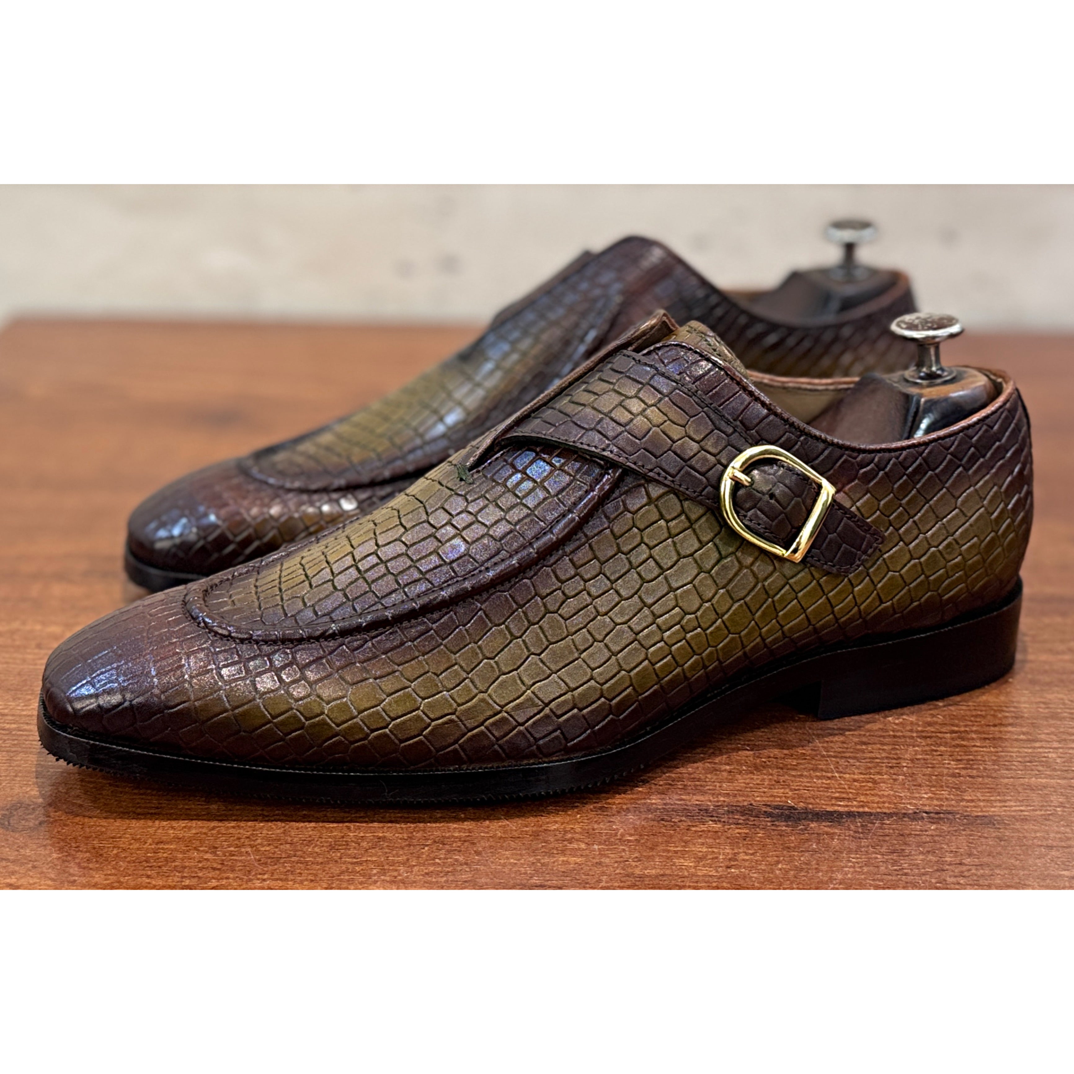 The Croco Monarch Monk – Olive Brown Croc Texture Monk Strap Shoes